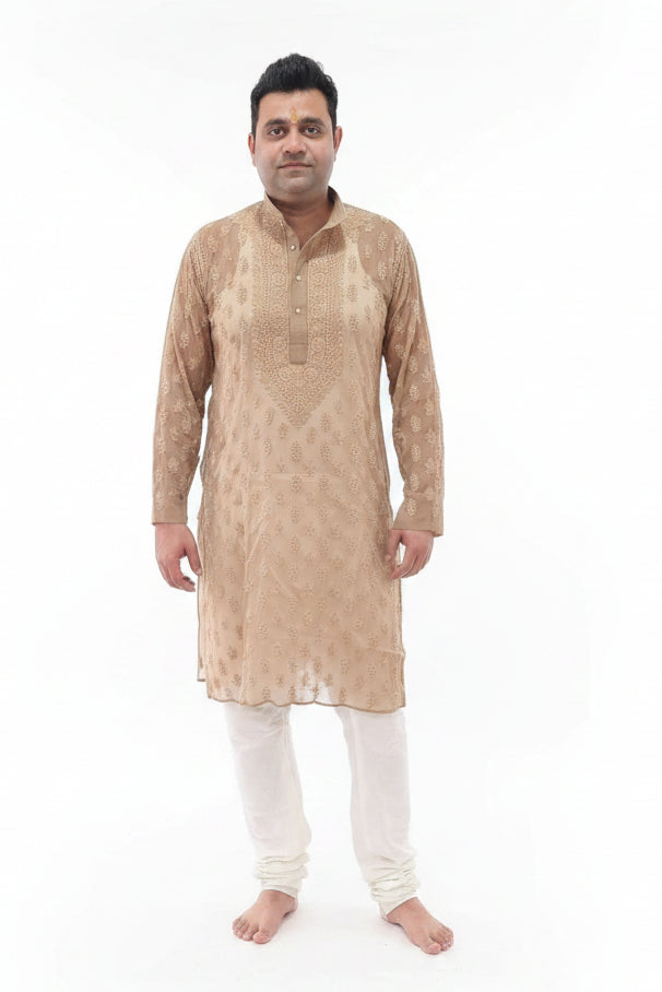 Georgette men's chikankari kurta pyjama set β back view | Nawab Kurta with pajamas