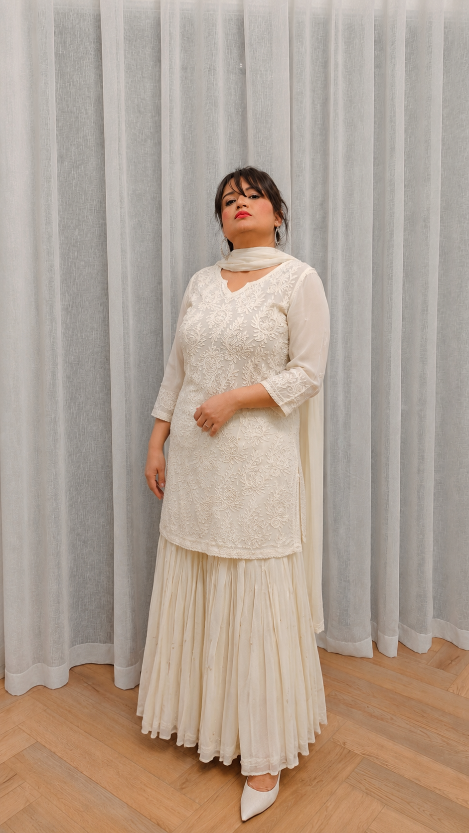 Beige heavy chikankari mukaish sharara suit