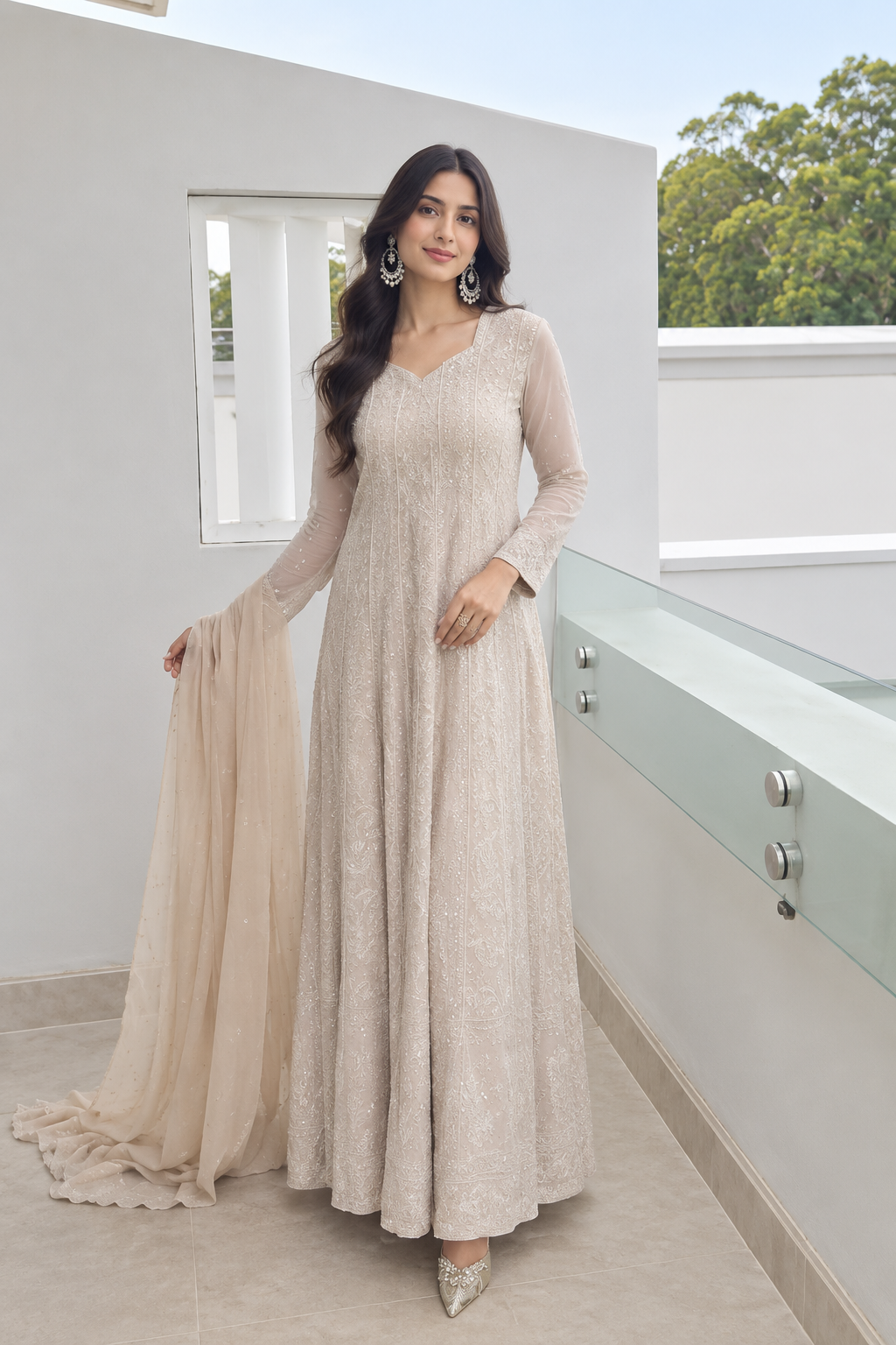 Beige pearl,sequence and chikankari anarkali