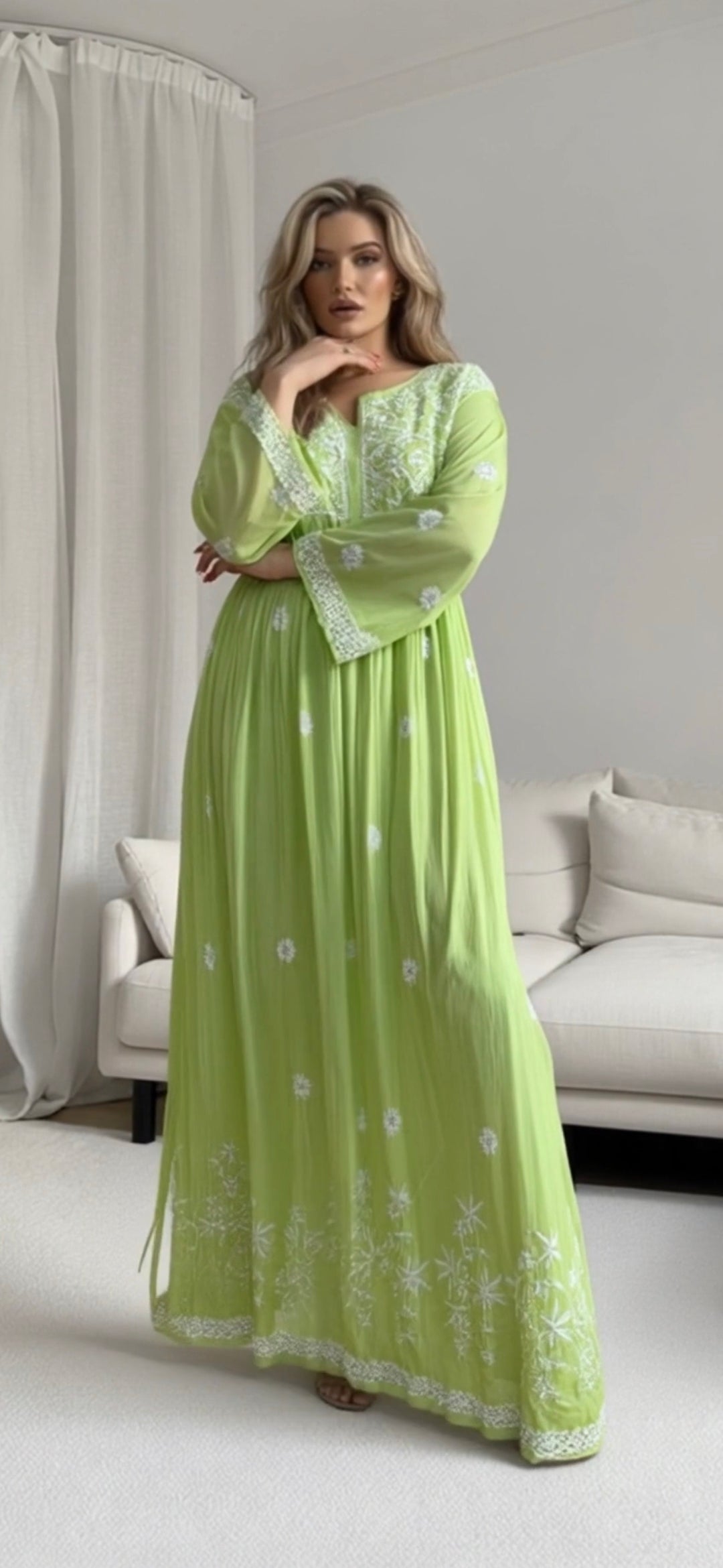 Mulmul cotton women's chikankari gown — back view | Mulmul Chikankari gowns