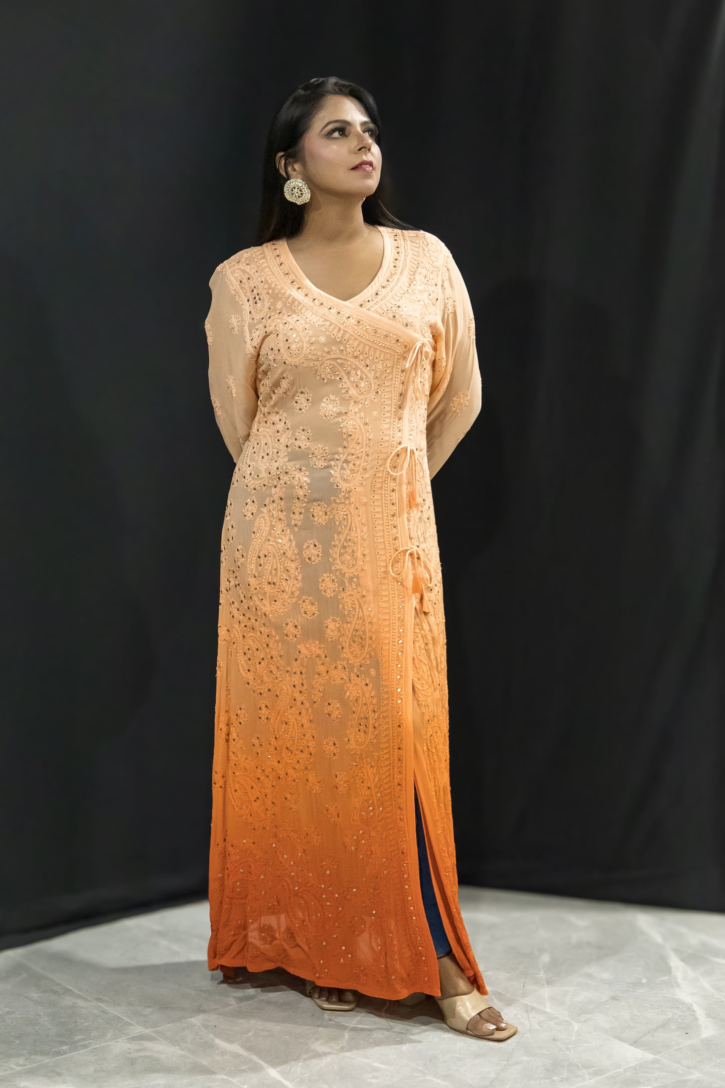 Pure Gorgette Red Chikan/Mukaish Angrakha