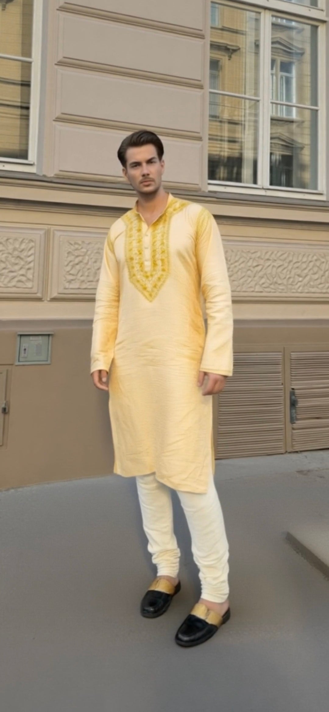 Silk men's chikankari kurta pyjama set — front view | Silk chikankari kurta with Pajama