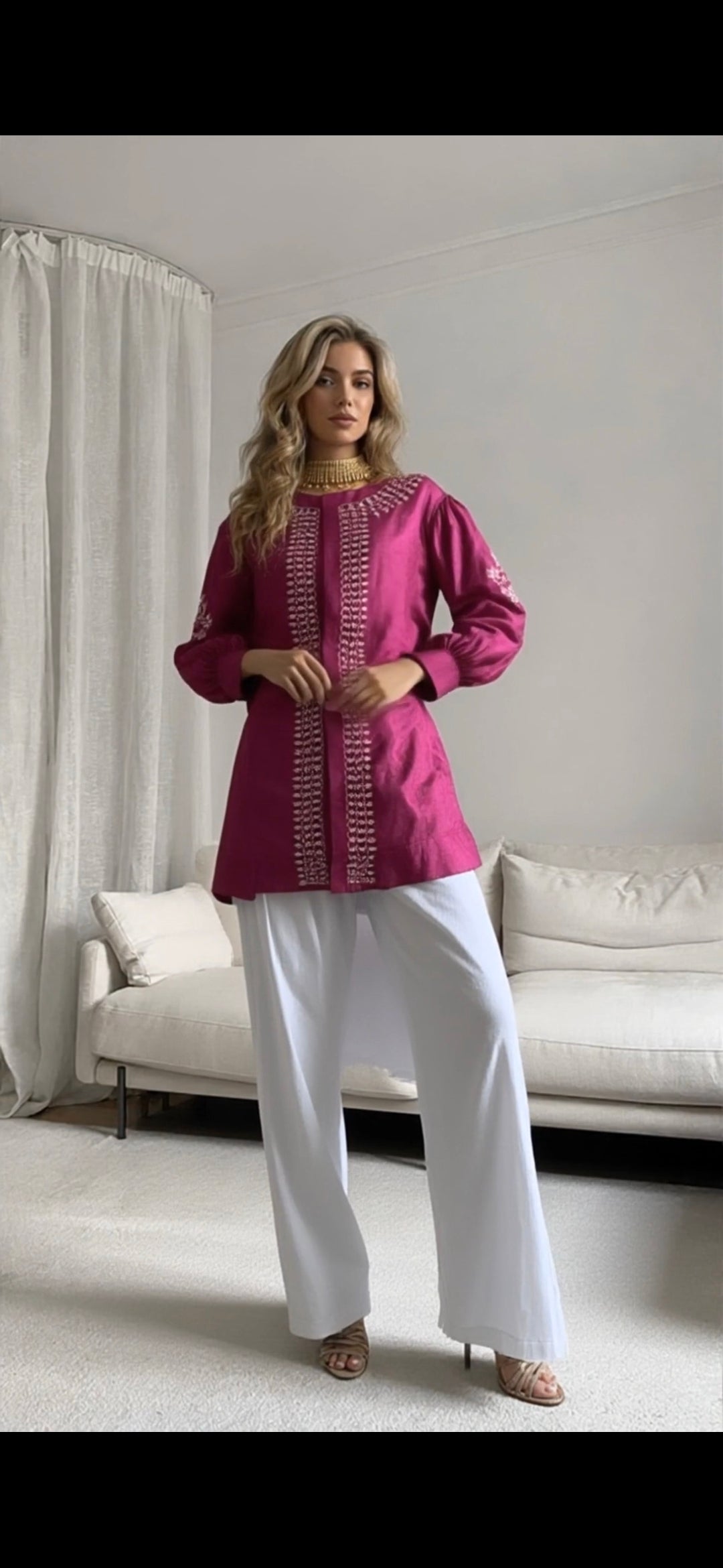 Wine silk chikankari short shirt side