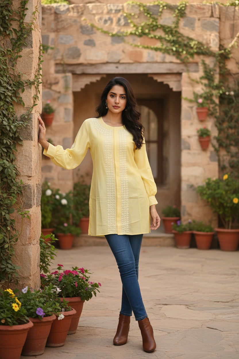 Yellow silk chikankari short shirt