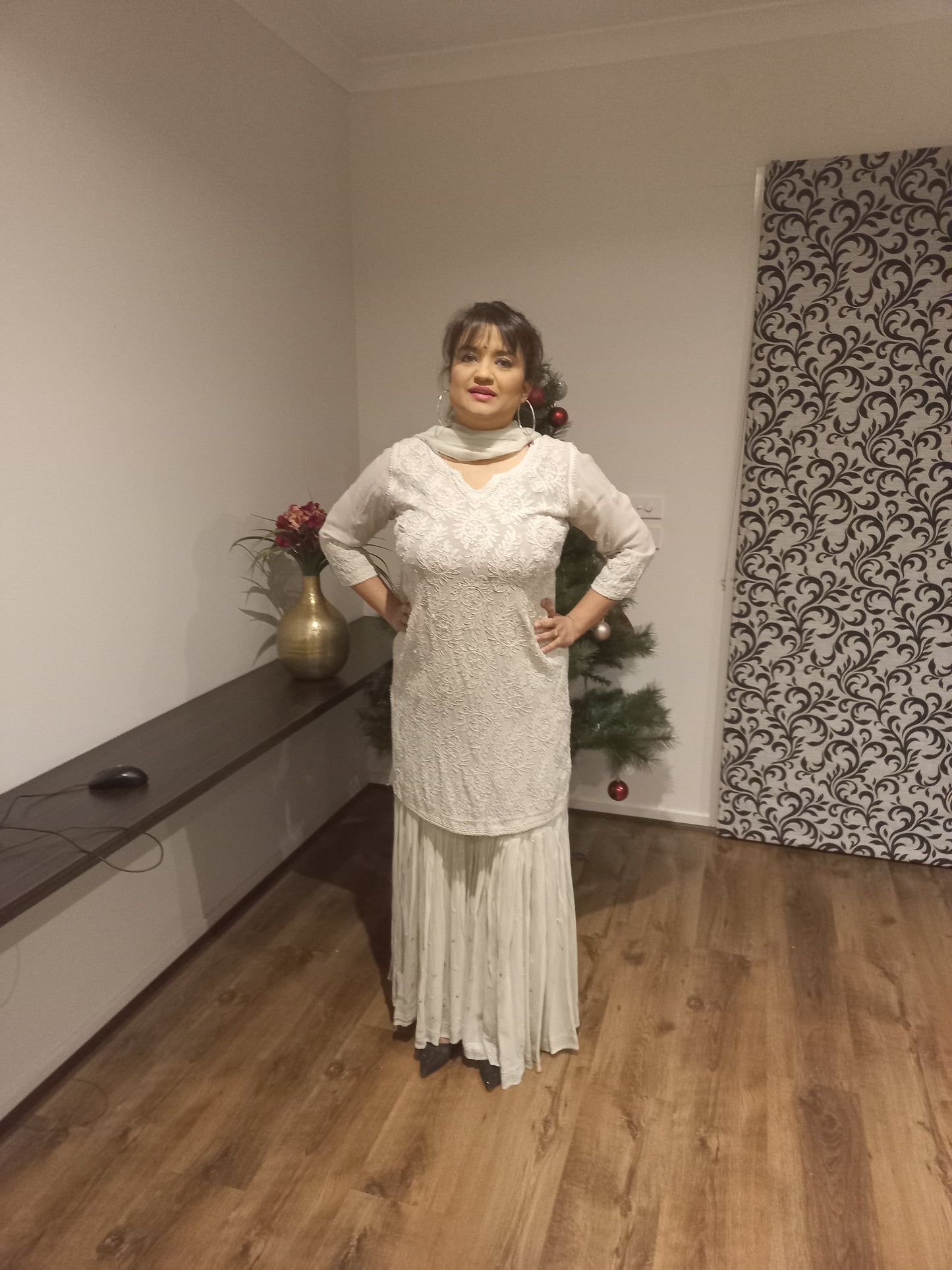 Georgette women's chikankari sharara suit β side view | Grey Short Kurta Luxury sharara suit