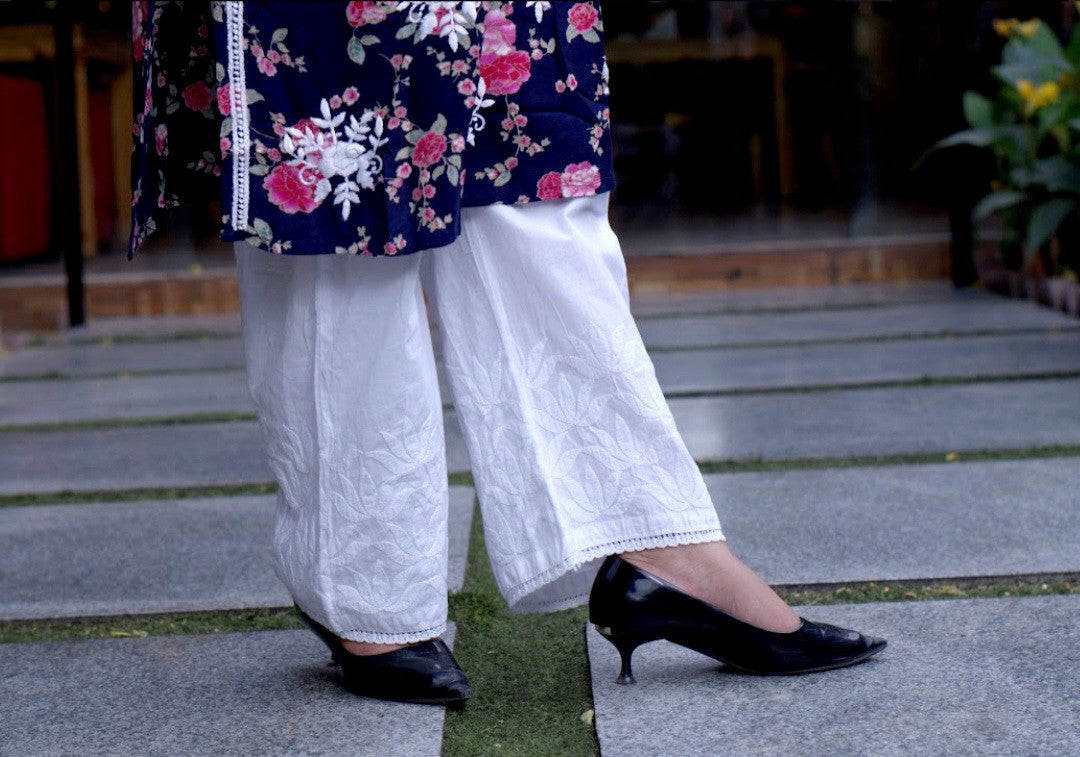 ALIZEH CHIKANKARI COTTON STRAIGHT PALAZZO- WHITE