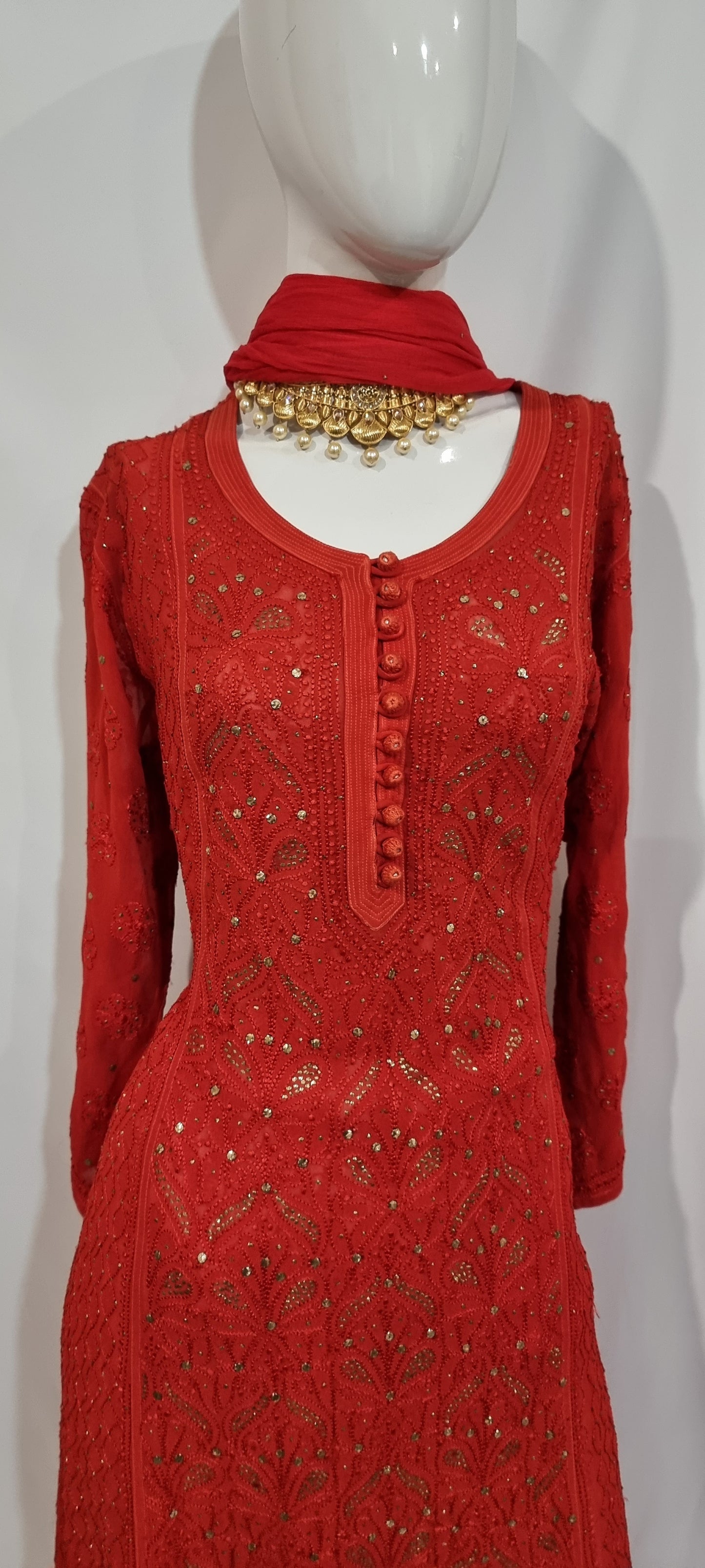 Red georgette women's chikankari anarkali — embroidery close-up | Designer Blood red anarkali