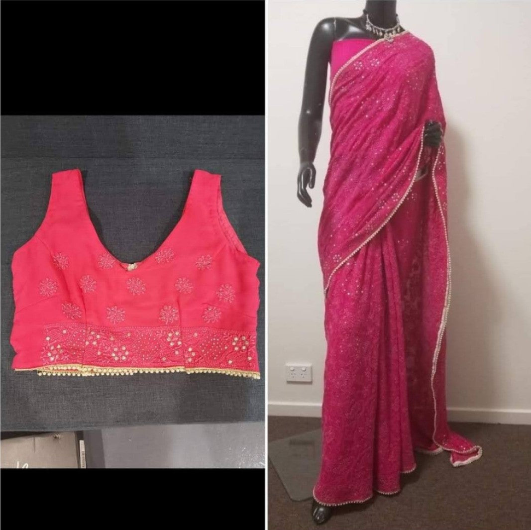 Hot Pink designer Chikankari & mukaishkari saree