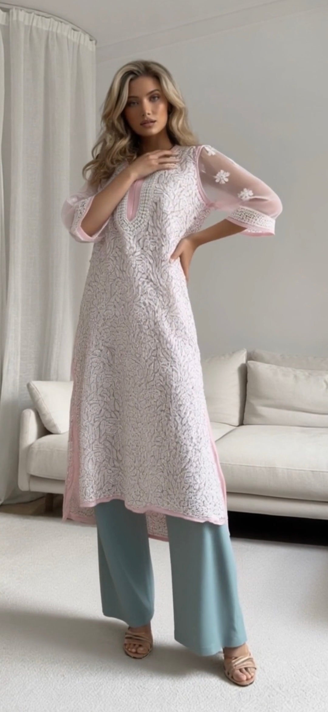 Georgette women's chikankari kurta — additional view | Shahnaz nuraani Kurta curvy