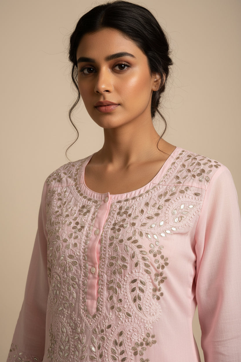 Baby pink cotton kurta closeup