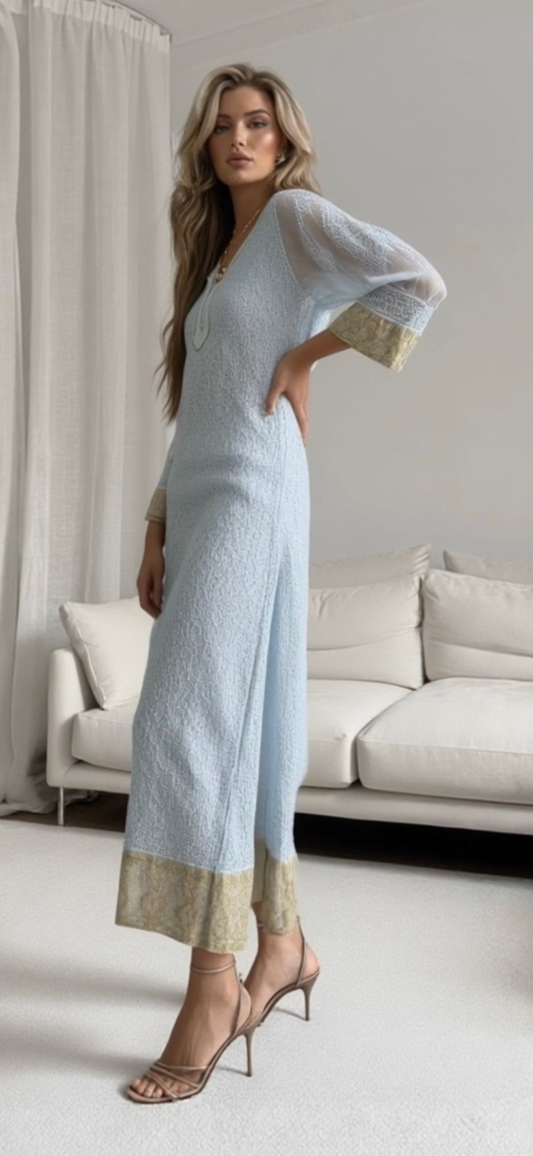 Banarsi silk women's chikankari kurta — side view | Banarsi border chikankari kurta