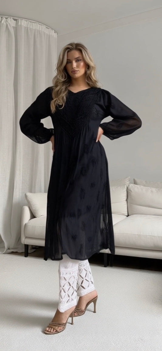 Black silk women's chikankari kurta — front view | Silk Cotton black kurta