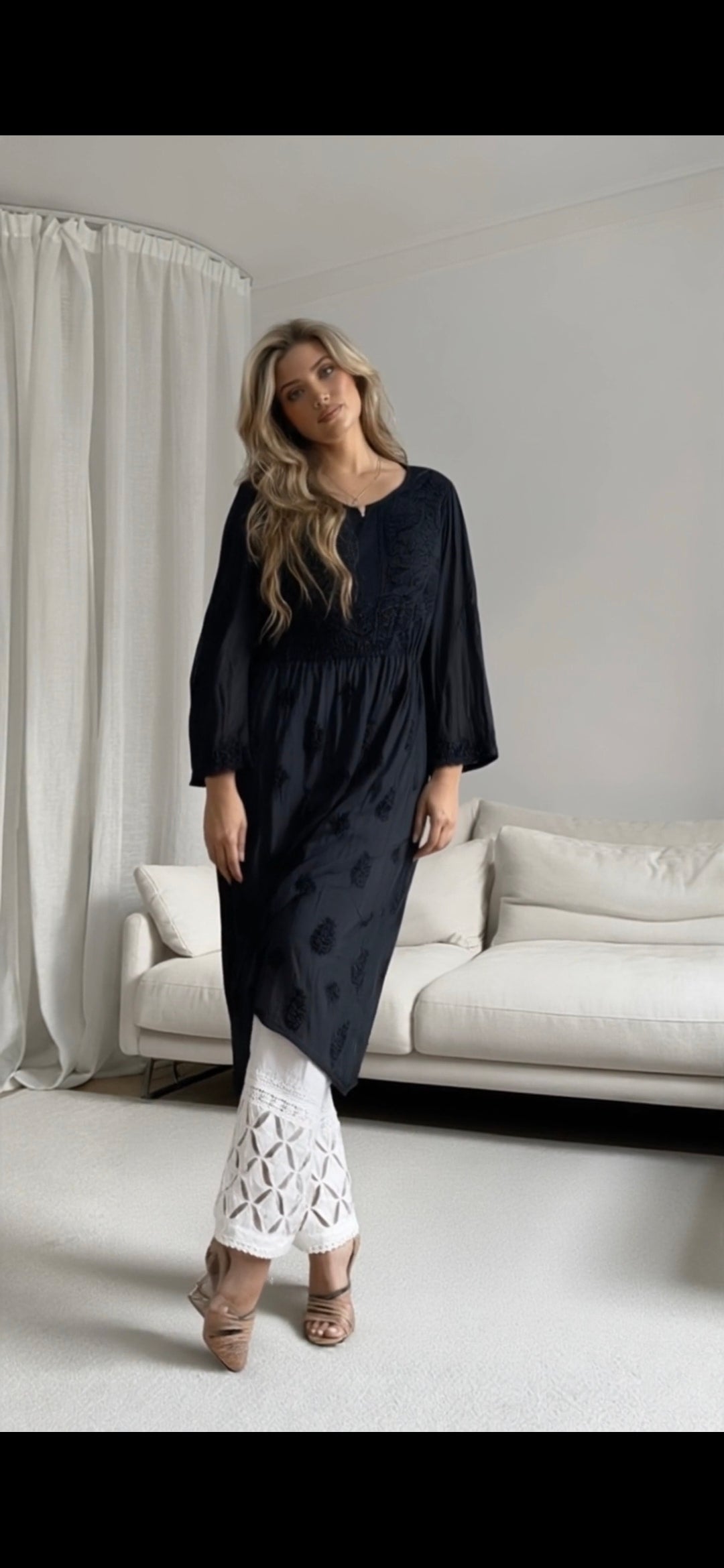 Black silk women's chikankari kurta — back view | Silk Cotton black kurta