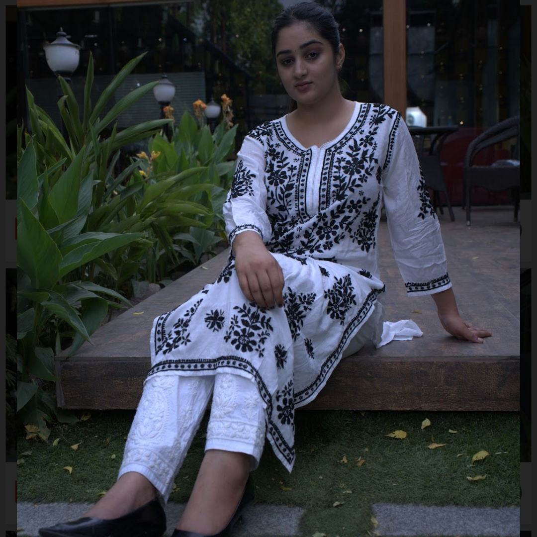 Black on white long kurta full
