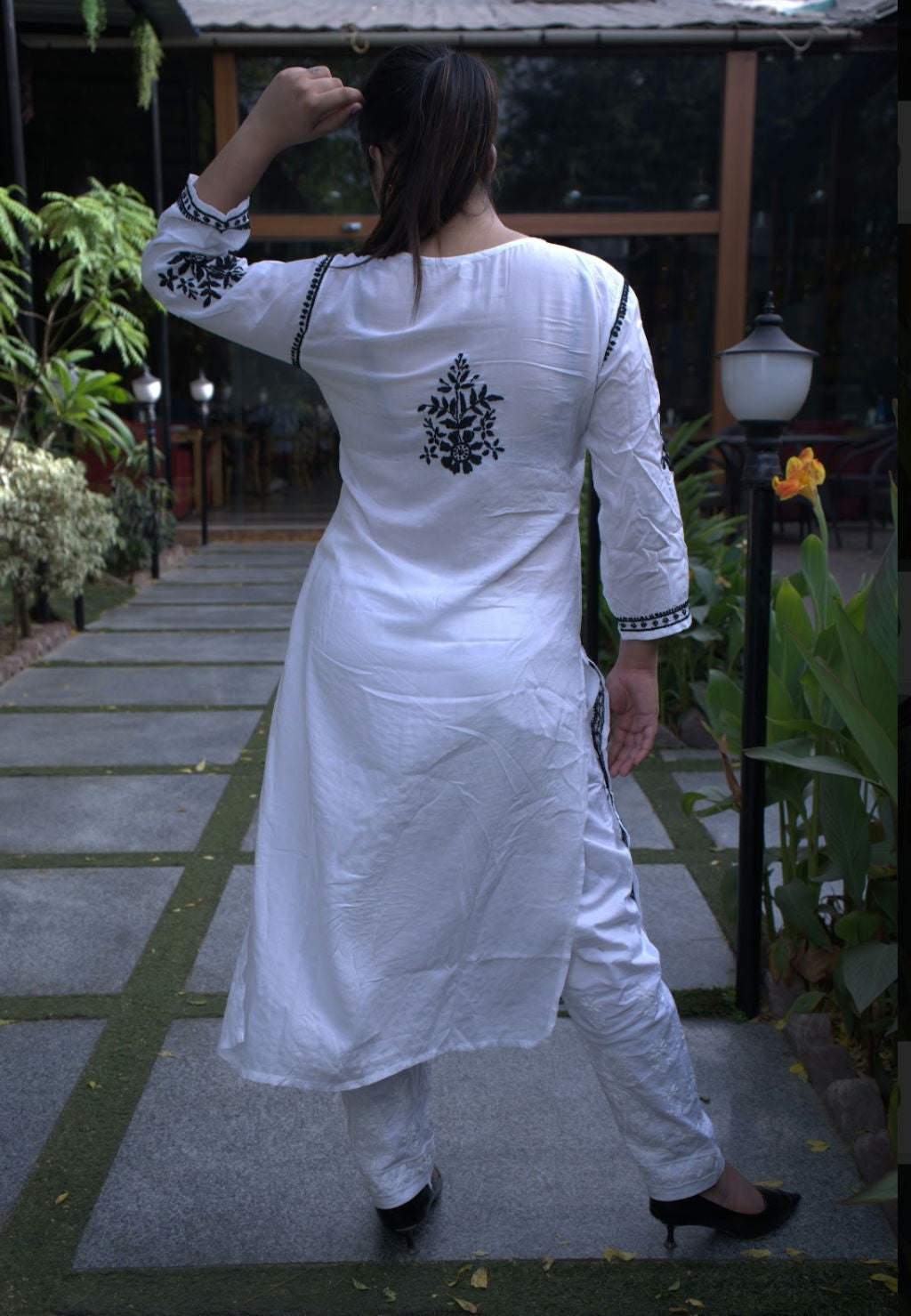 Black on white long kurta back work