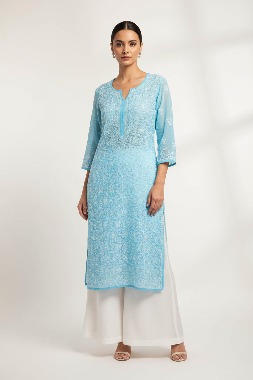 Georgette women's chikankari kurta — fabric close-up | Shahnaz nuraani Kurta curvy