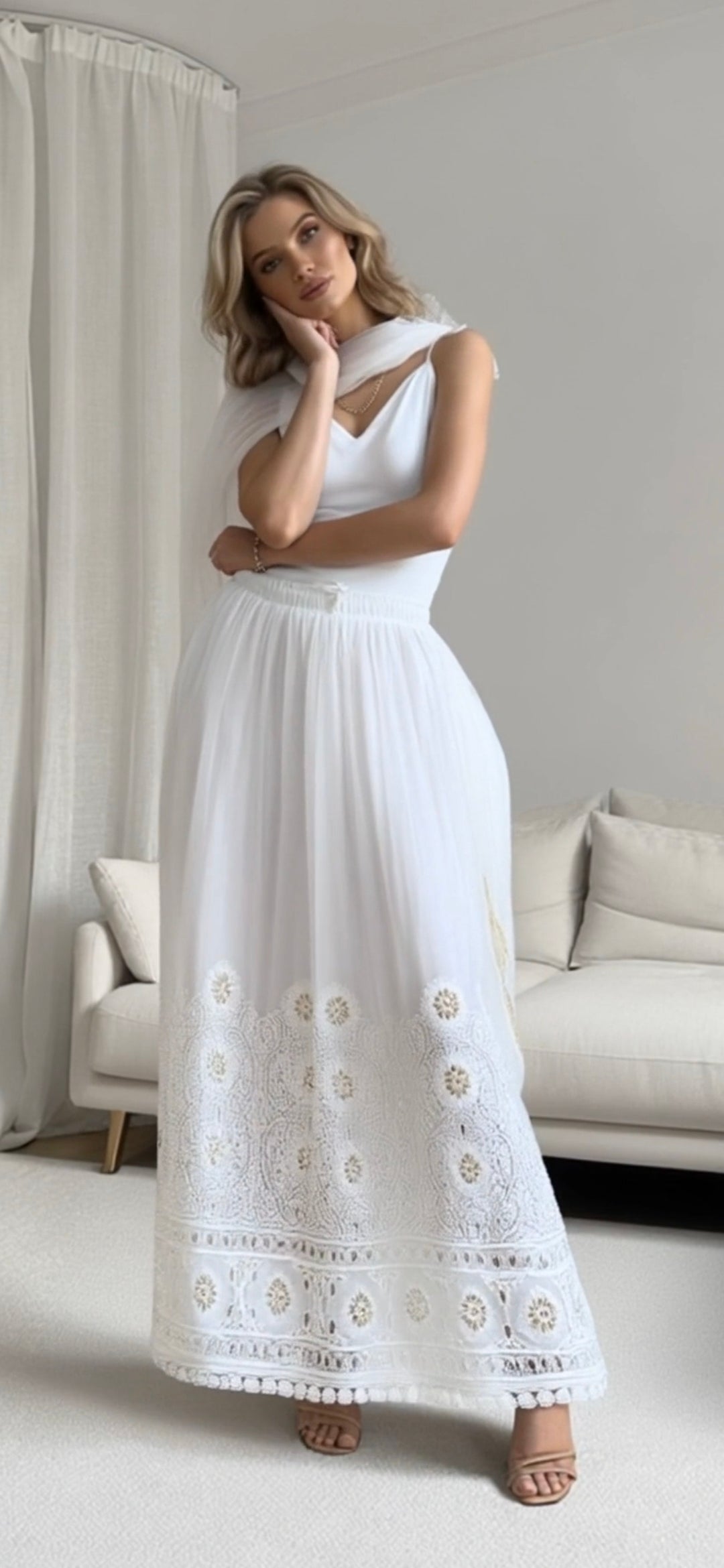 Georgette women's chikankari lehenga — front view | Gotapatti chikankari lehenga skirt top and dupatta