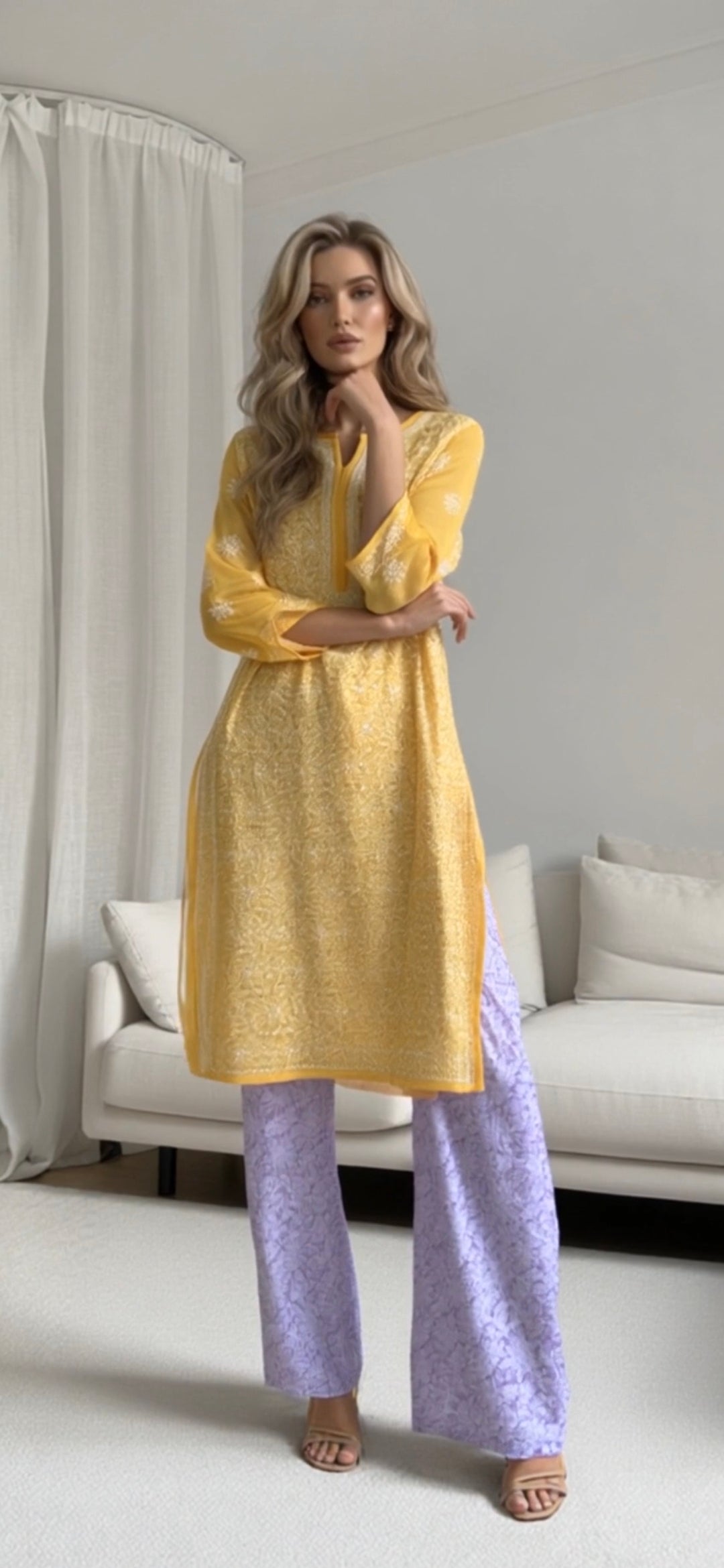 Georgette women's chikankari kurta — side view | Shahnaz nuraani Kurta curvy