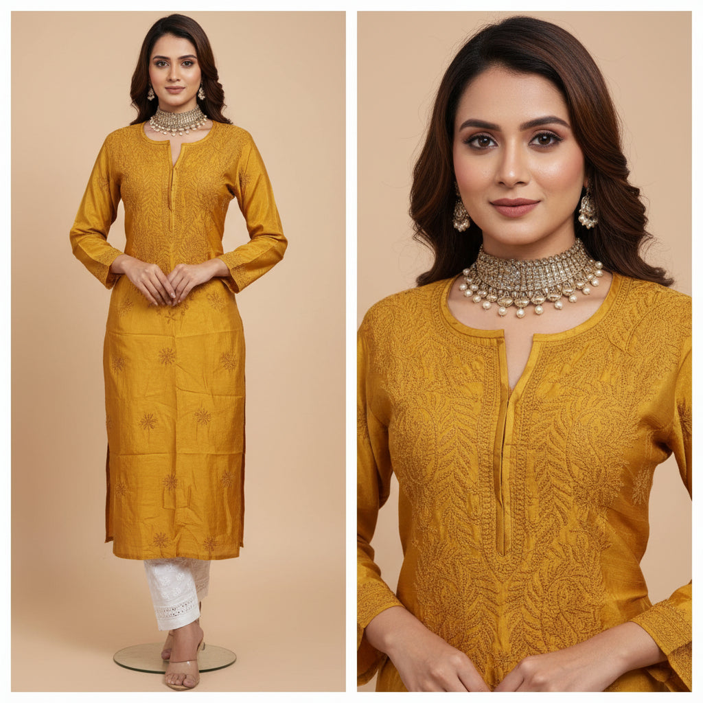 Silk women's chikankari kurta — side view | Plus size Crepe silk kurta