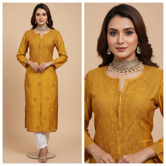 Silk women's chikankari kurta — side view | Plus size Crepe silk kurta