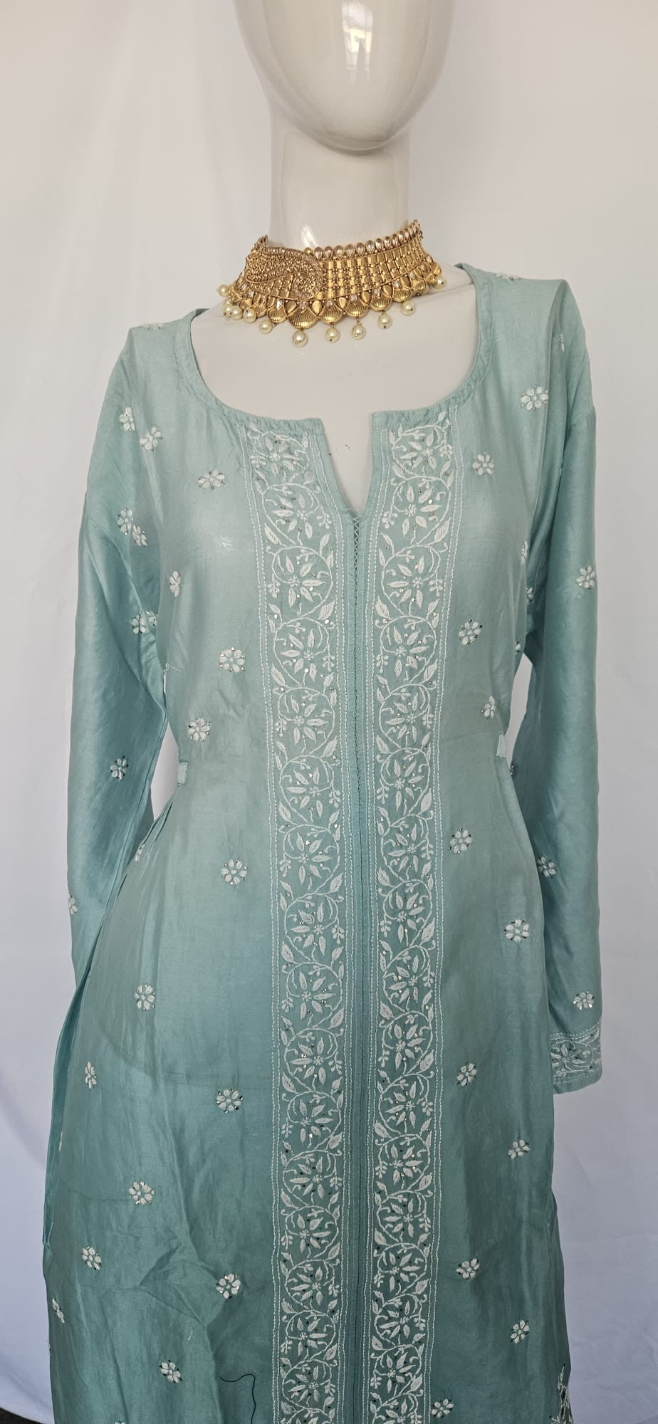 Green midi dress chikankari closeup
