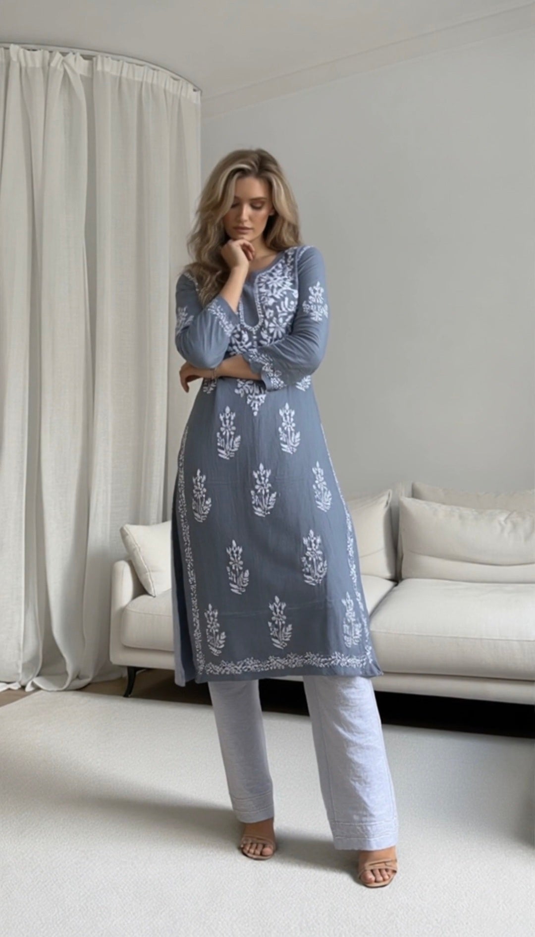 White cotton women's chikankari kurta — back view | Aayesha Cotton Lucknowi Chikankari Long Kurta for…
