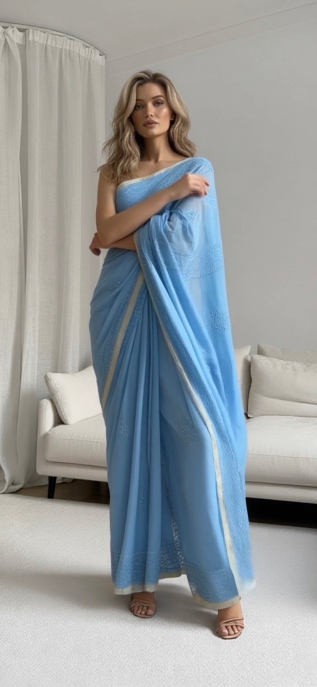 Silk chikankari saree — front view | Silk chikankari lucknowi saree