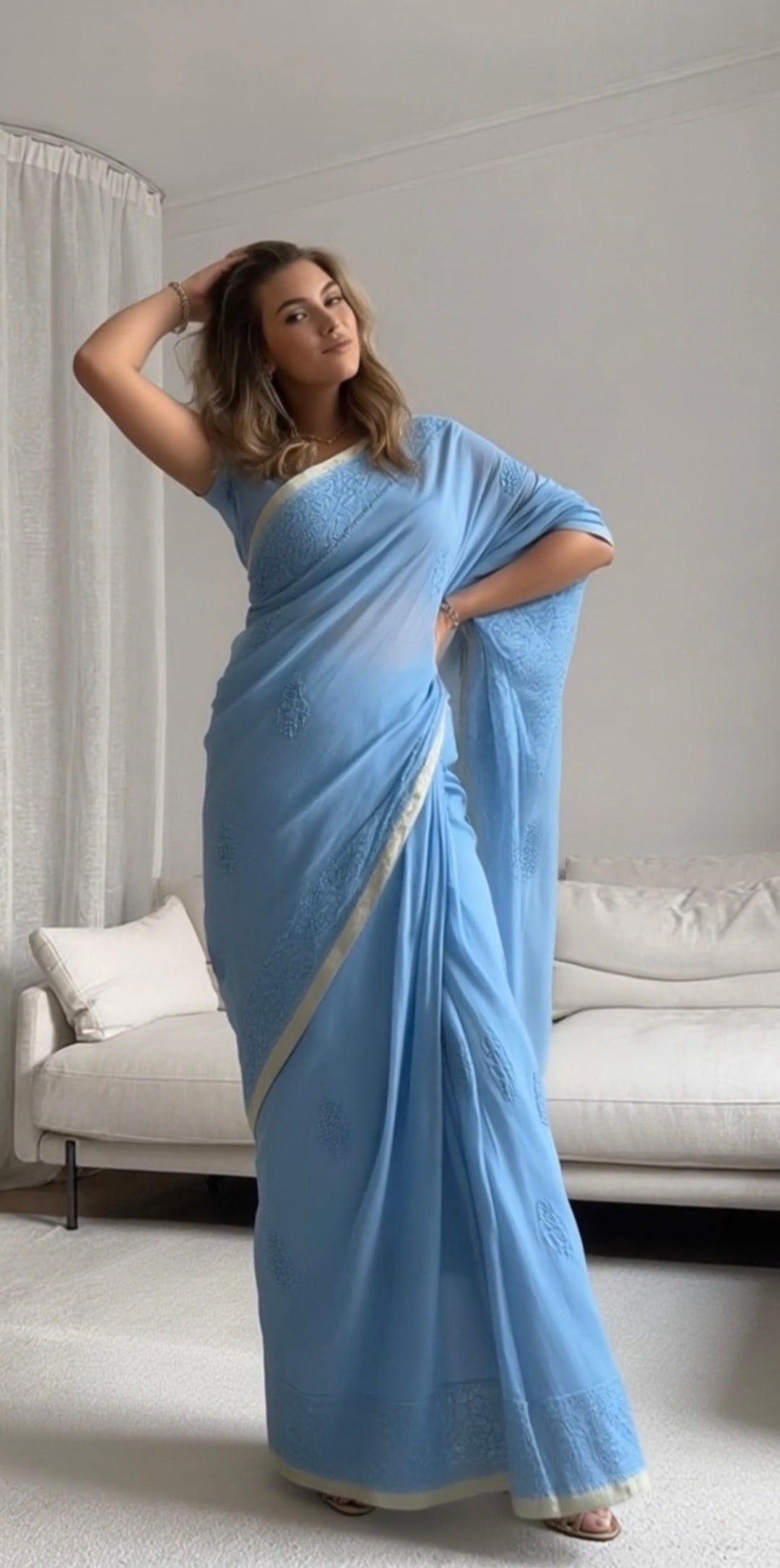 Silk chikankari saree — back view | Silk chikankari lucknowi saree