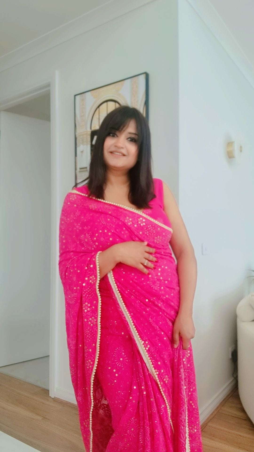 Hot pink saree mukaish and chikankari