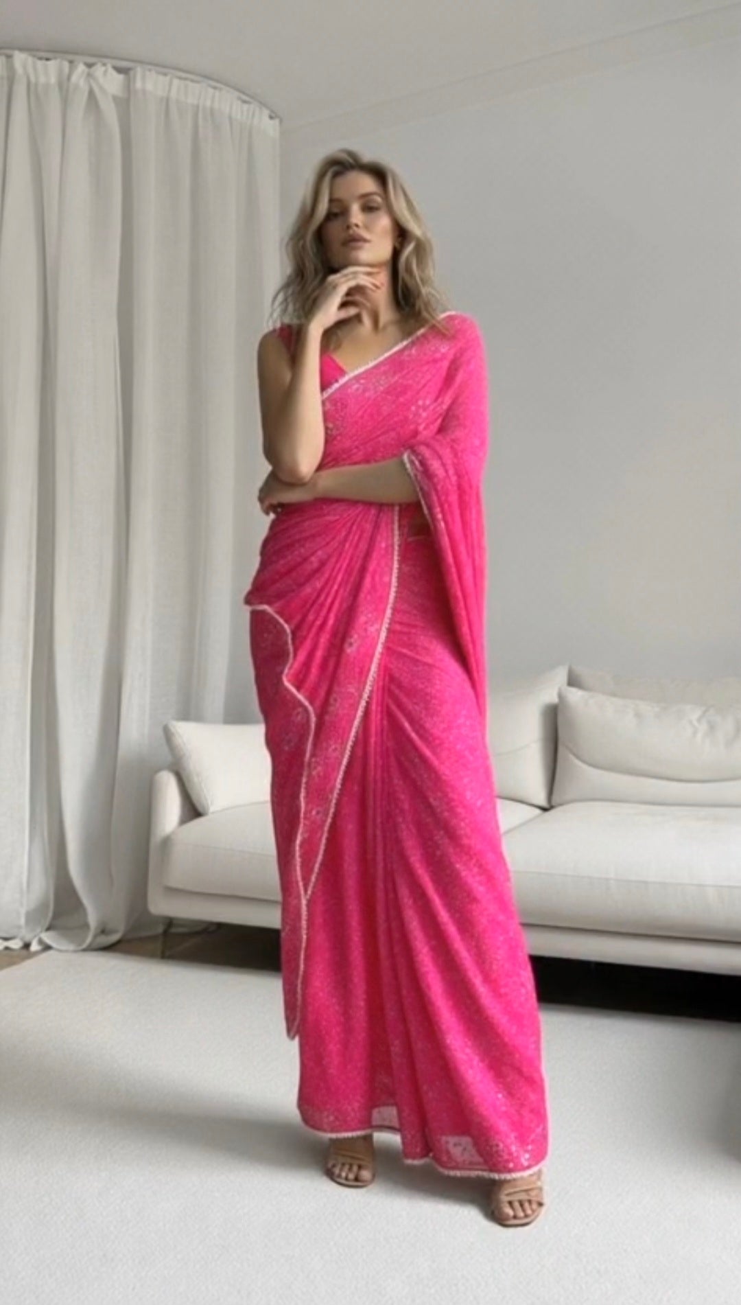 Hot pink saree mukaish and chikankari front