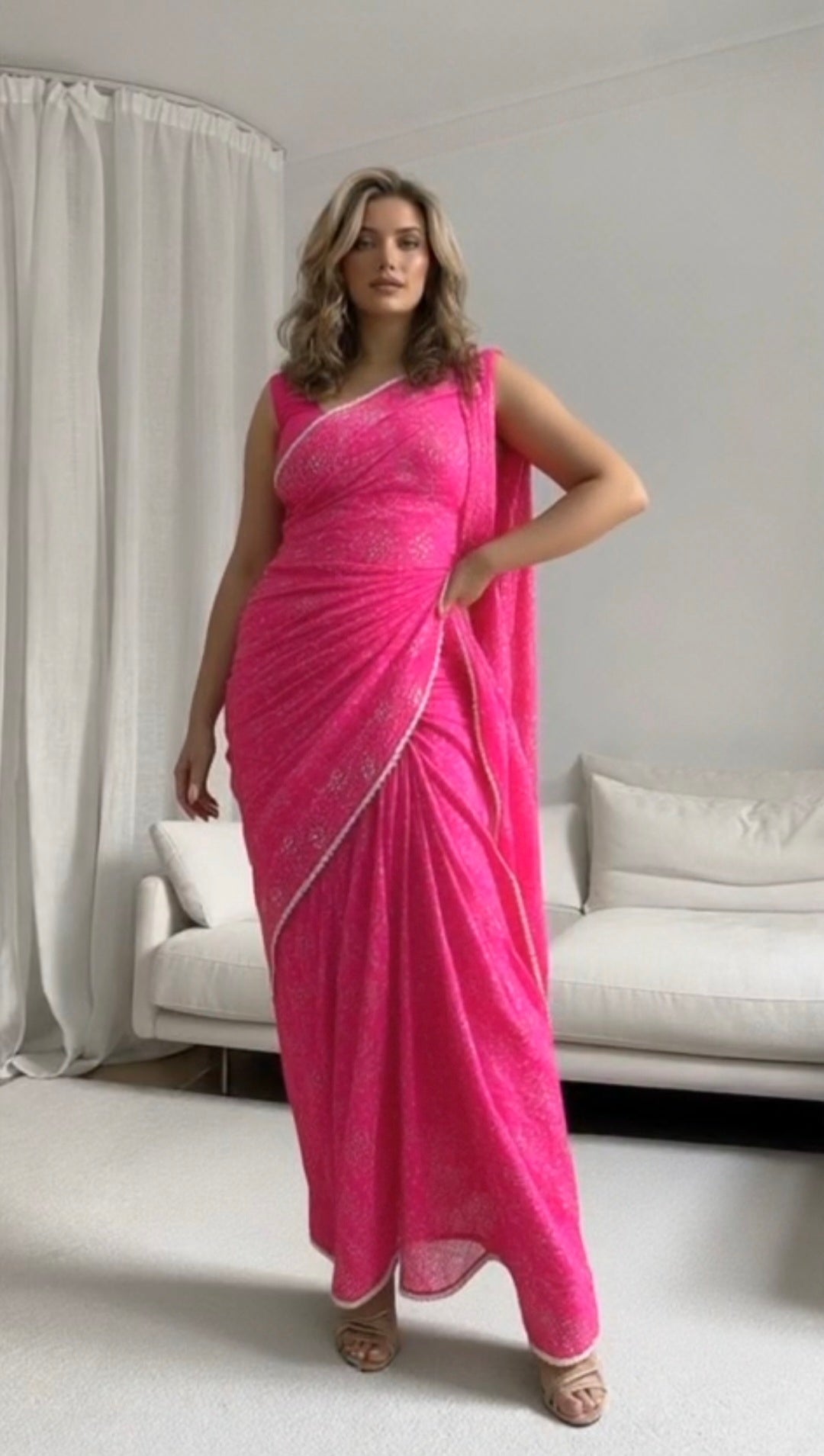 Hot pink saree mukaish and chikankari wrapped