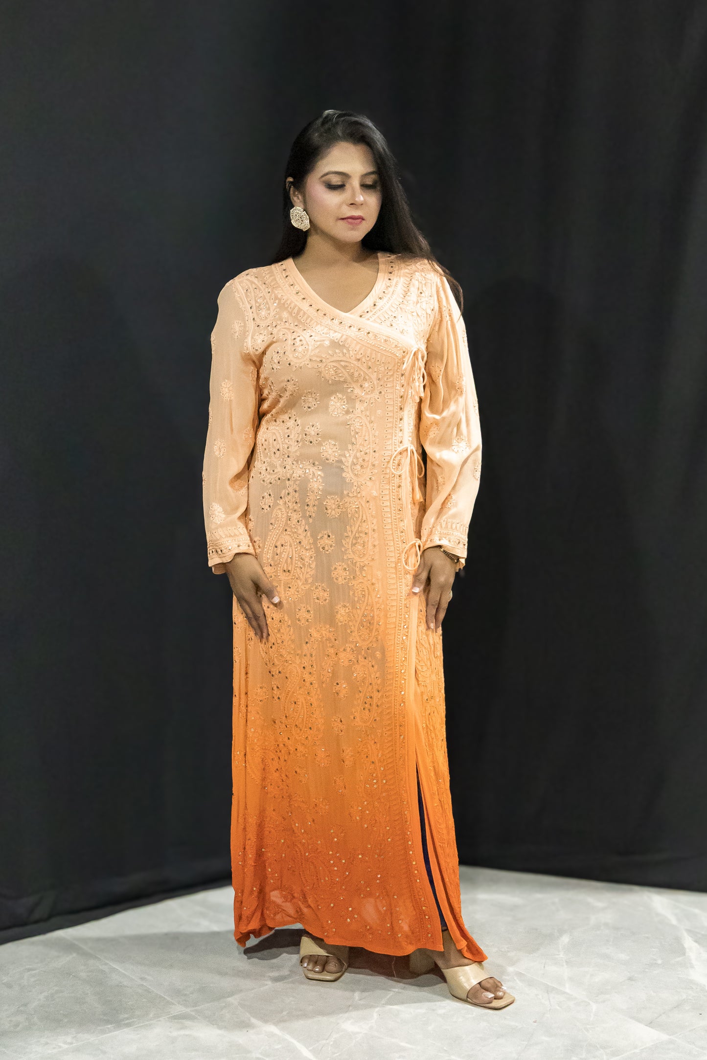 Pure Gorgette Red Chikan/Mukaish Angrakha