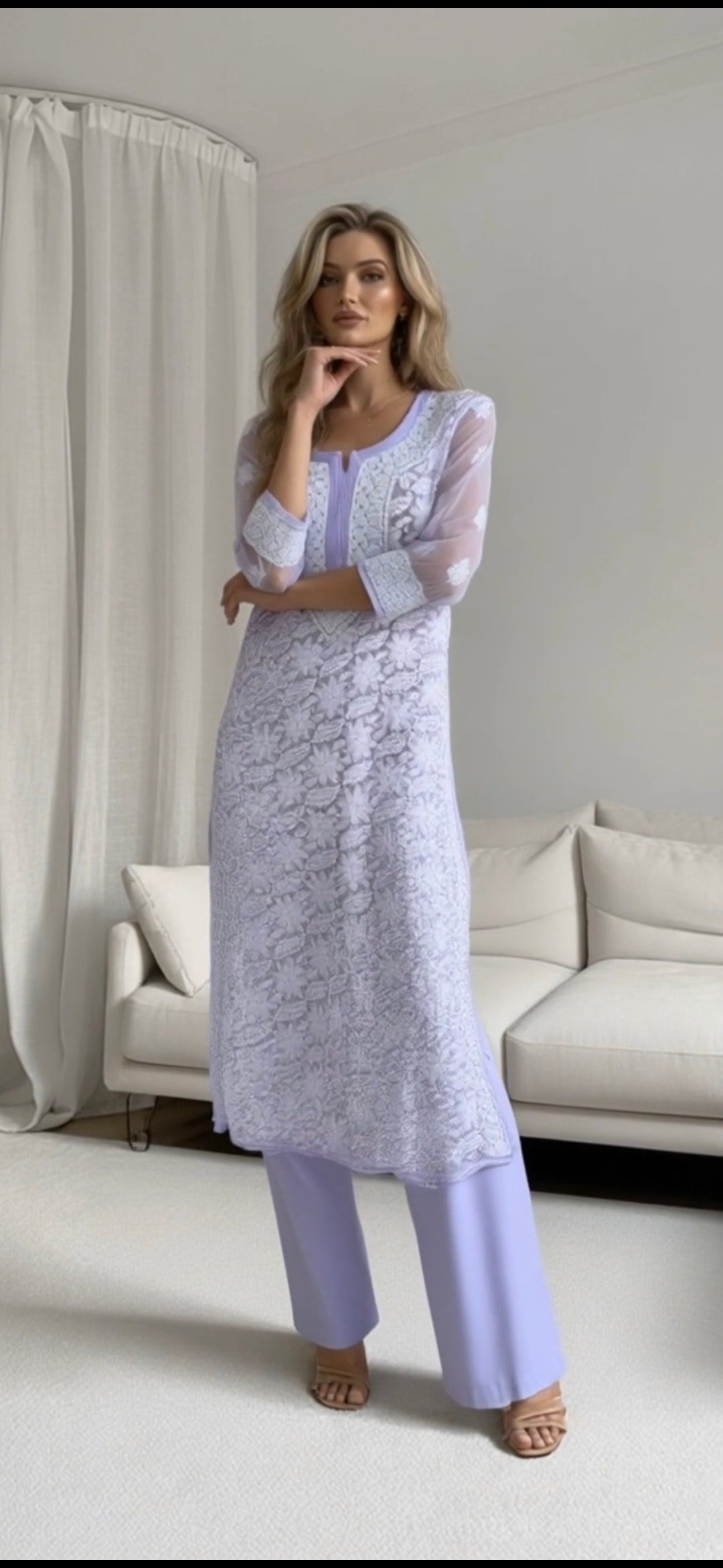 Georgette women's chikankari kurta — back view | Shahnaz nuraani Kurta curvy