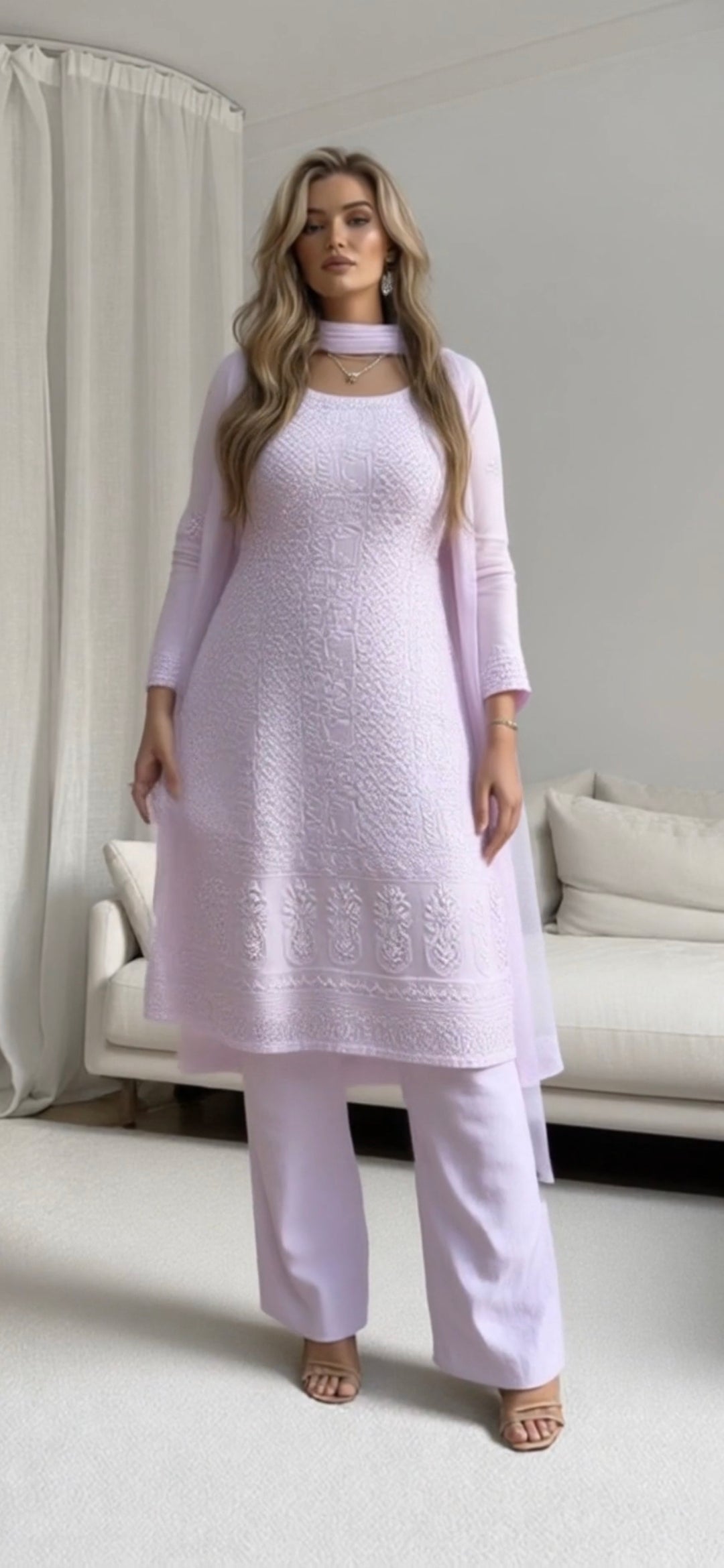 Georgette women's chikankari suit — front view | Pearl work designer chikankari suit