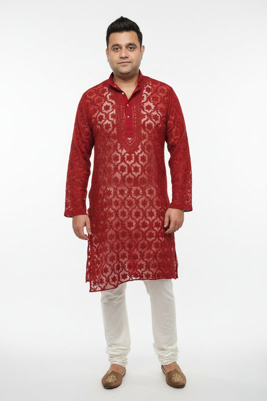 Georgette men's chikankari kurta pyjama set — front view | Nawab Kurta with pajamas