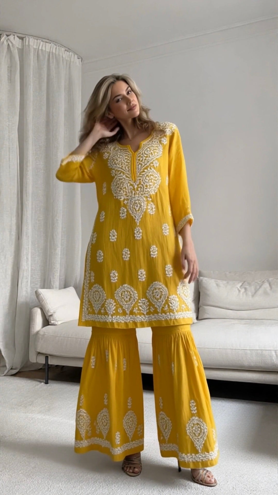 Mulmul cotton women's chikankari sharara suit — back view | Mulmul cotton sharara suit