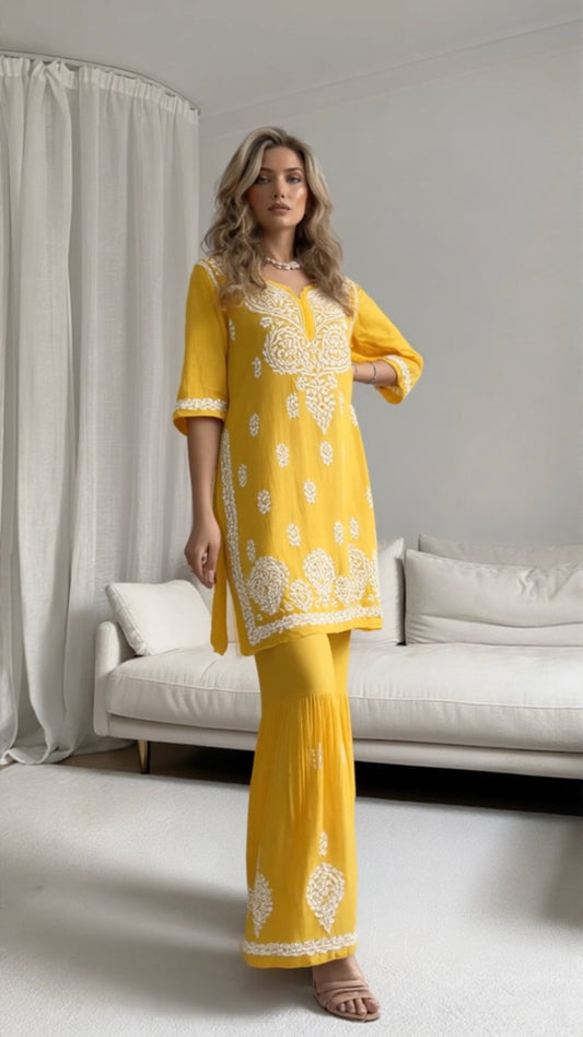 Mulmul cotton women's chikankari sharara suit — front view | Mulmul cotton sharara suit
