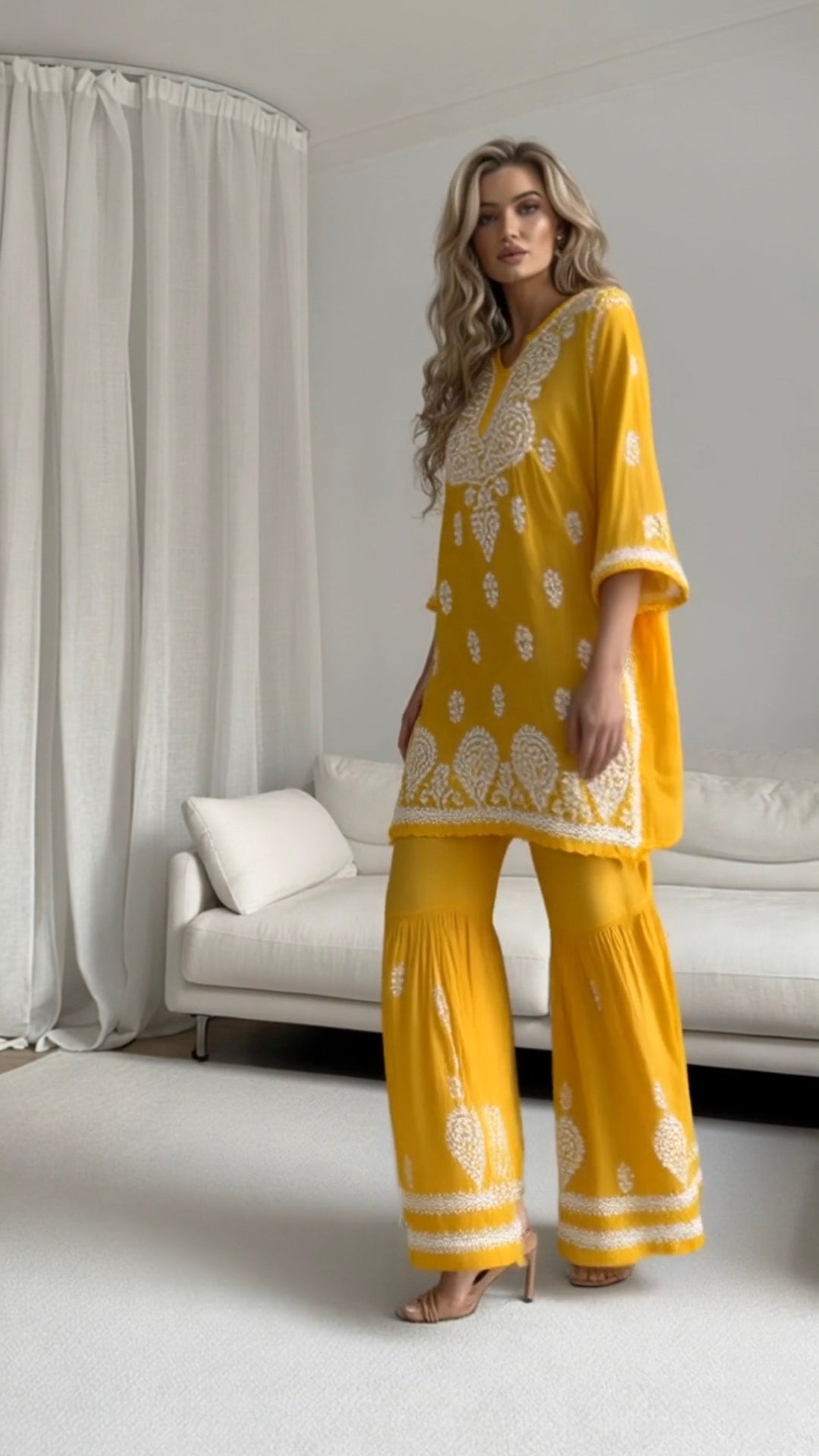 Mulmul cotton women's chikankari sharara suit — side view | Mulmul cotton sharara suit