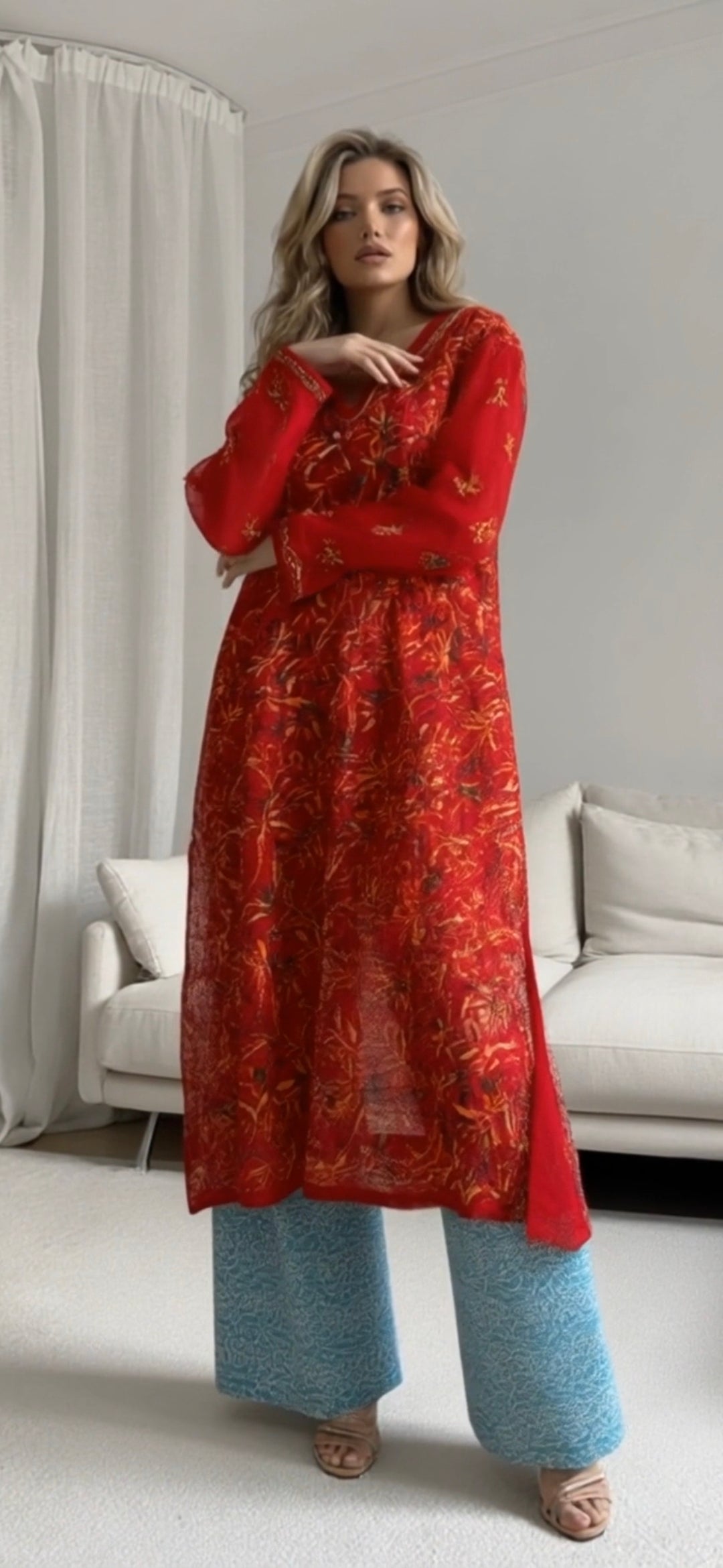 Georgette women's chikankari kurta — embroidery close-up | Shahnaz nuraani Kurta curvy
