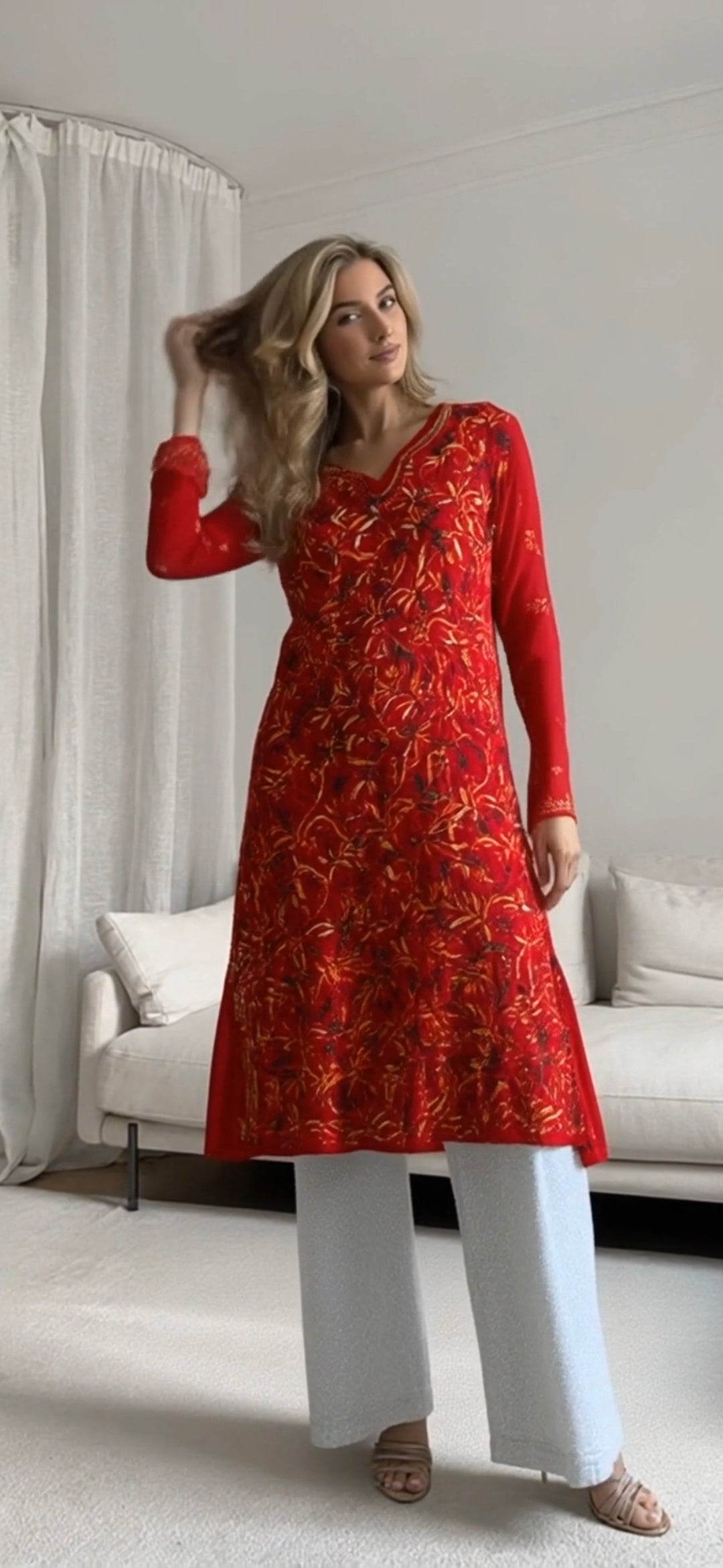 Georgette women's chikankari kurta — front view | Shahnaz nuraani Kurta curvy