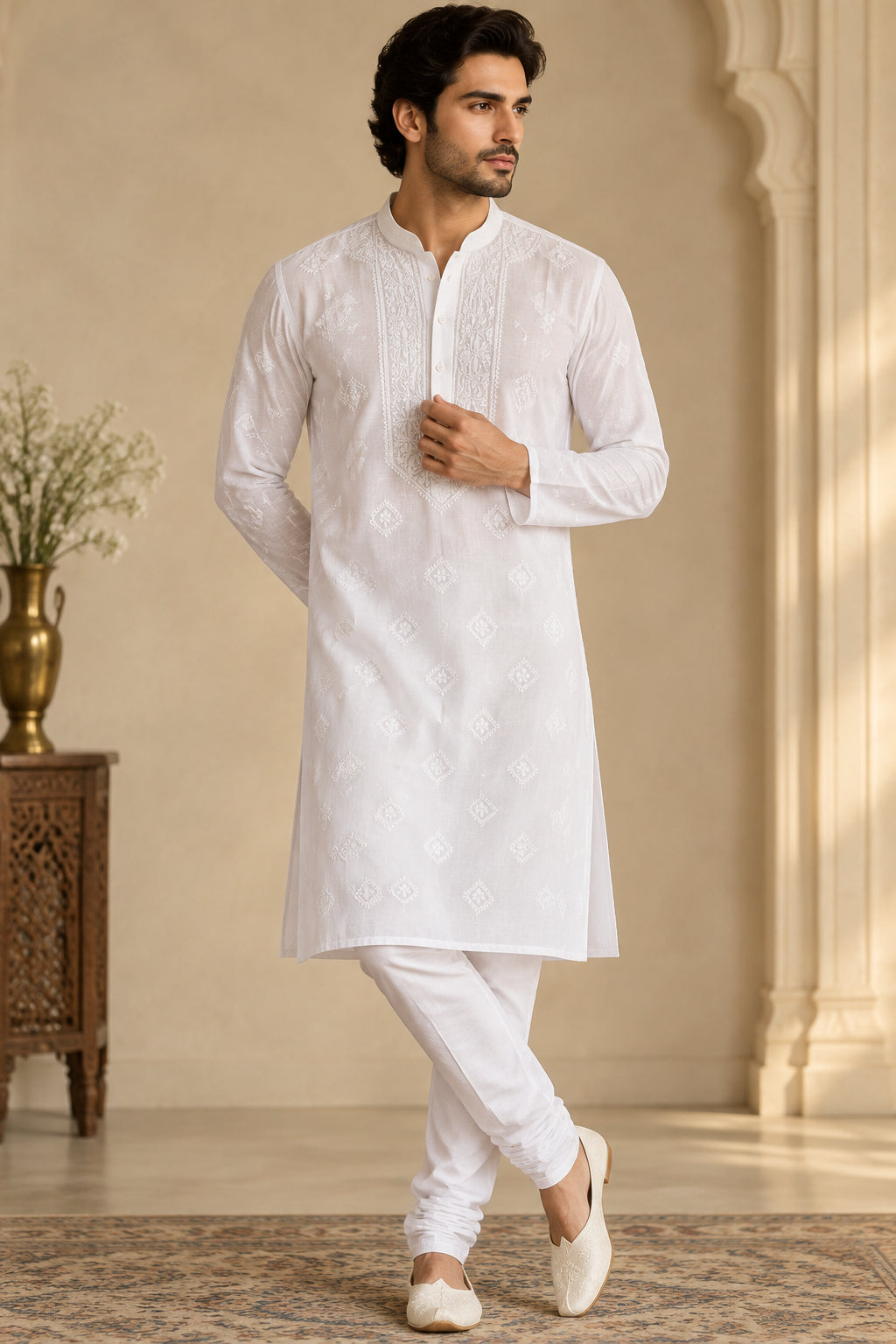 Cotton men's chikankari kurta pyjama set — front view | Pure Cotton Men's Kurta Pajama
