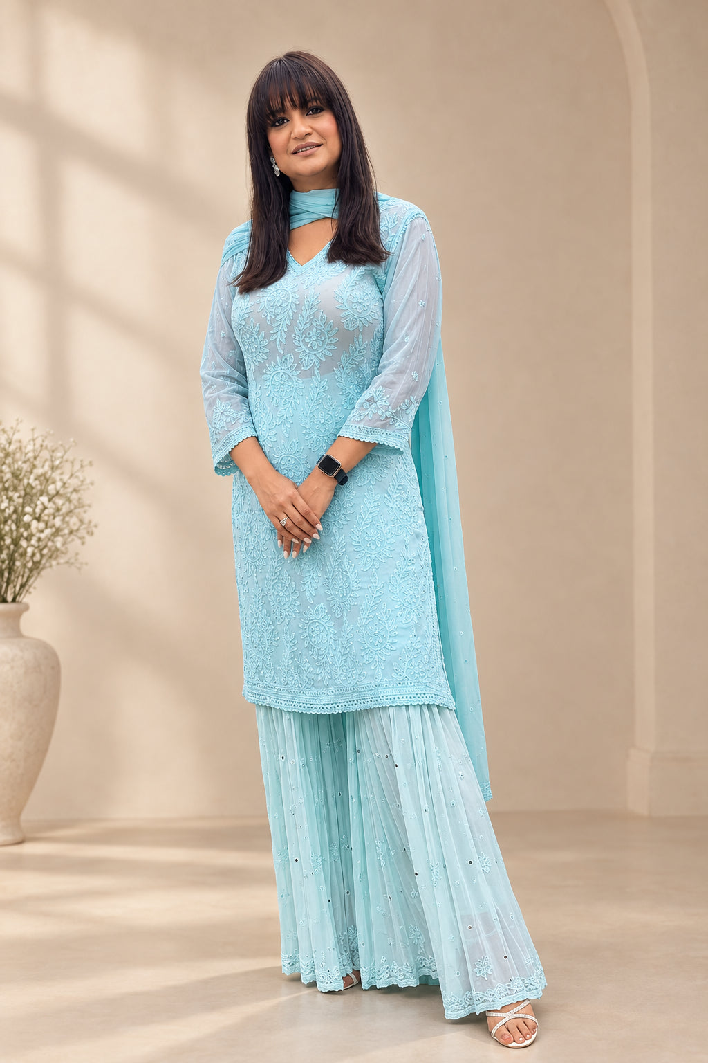 Georgette women's chikankari sharara suit — front view | Pure georgette short top sharara suit