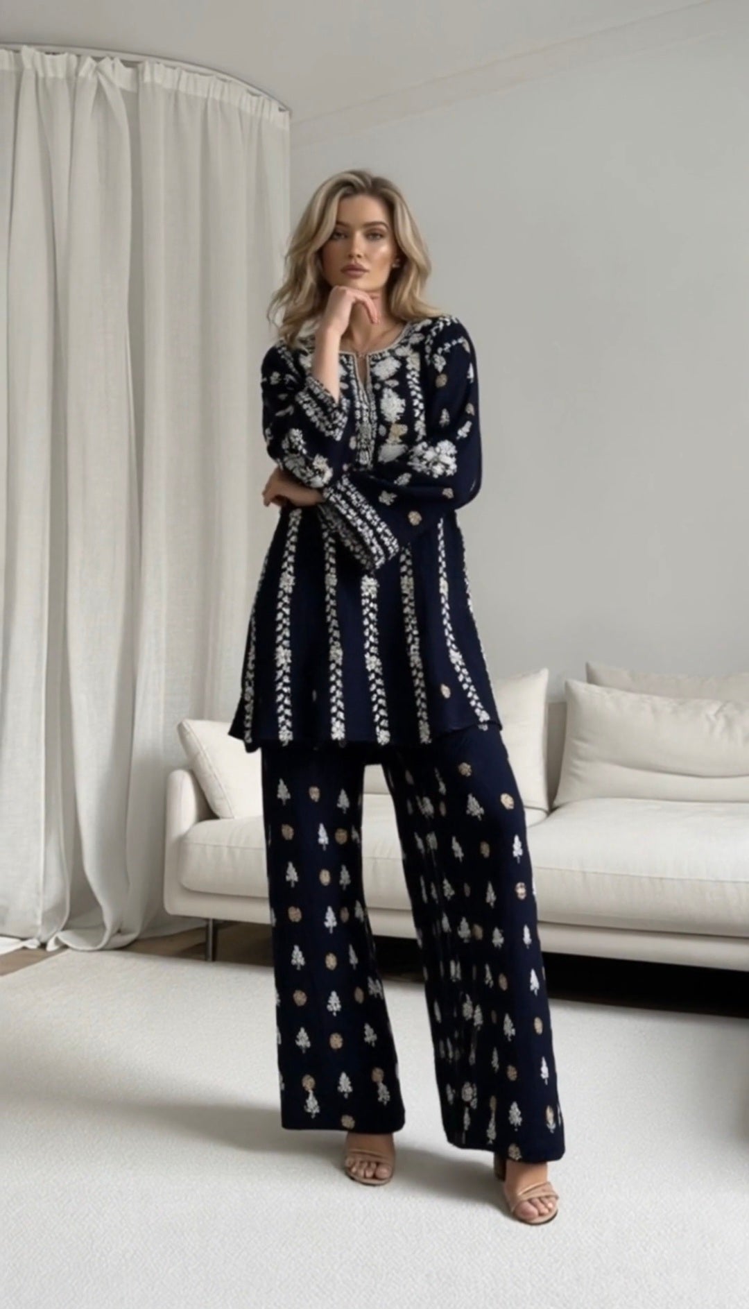 Banarsi silk women's chikankari palazzo set — front view | Nusrat palazzo suit