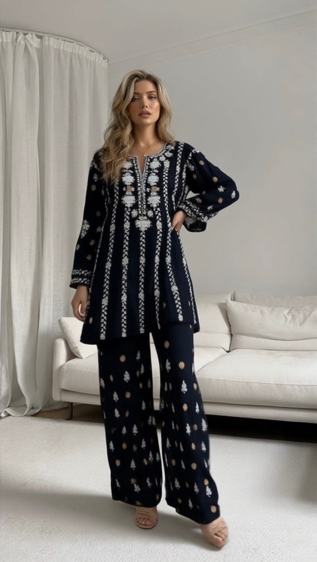 Banarsi silk women's chikankari palazzo set — back view | Nusrat palazzo suit