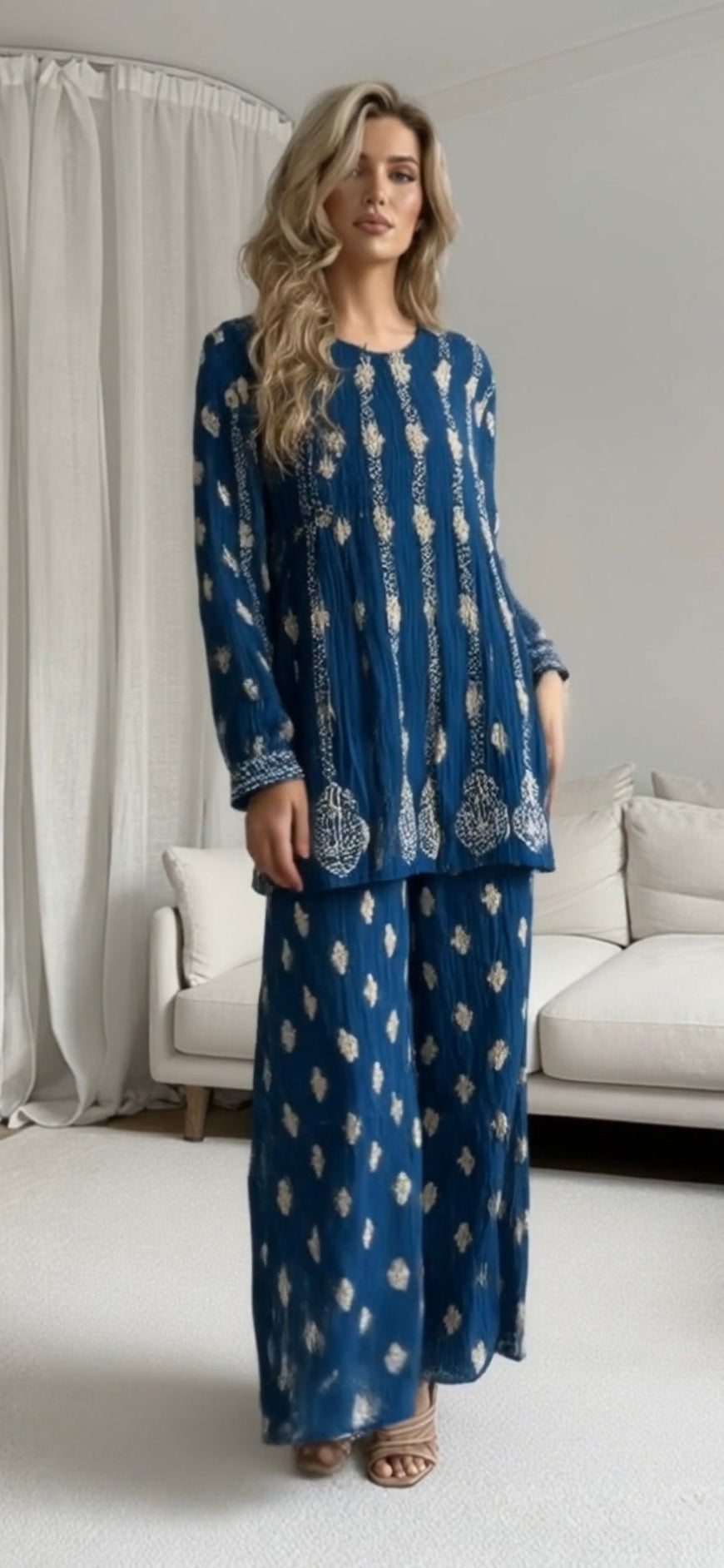 Banarsi silk women's chikankari palazzo set — side view | Nusrat palazzo suit