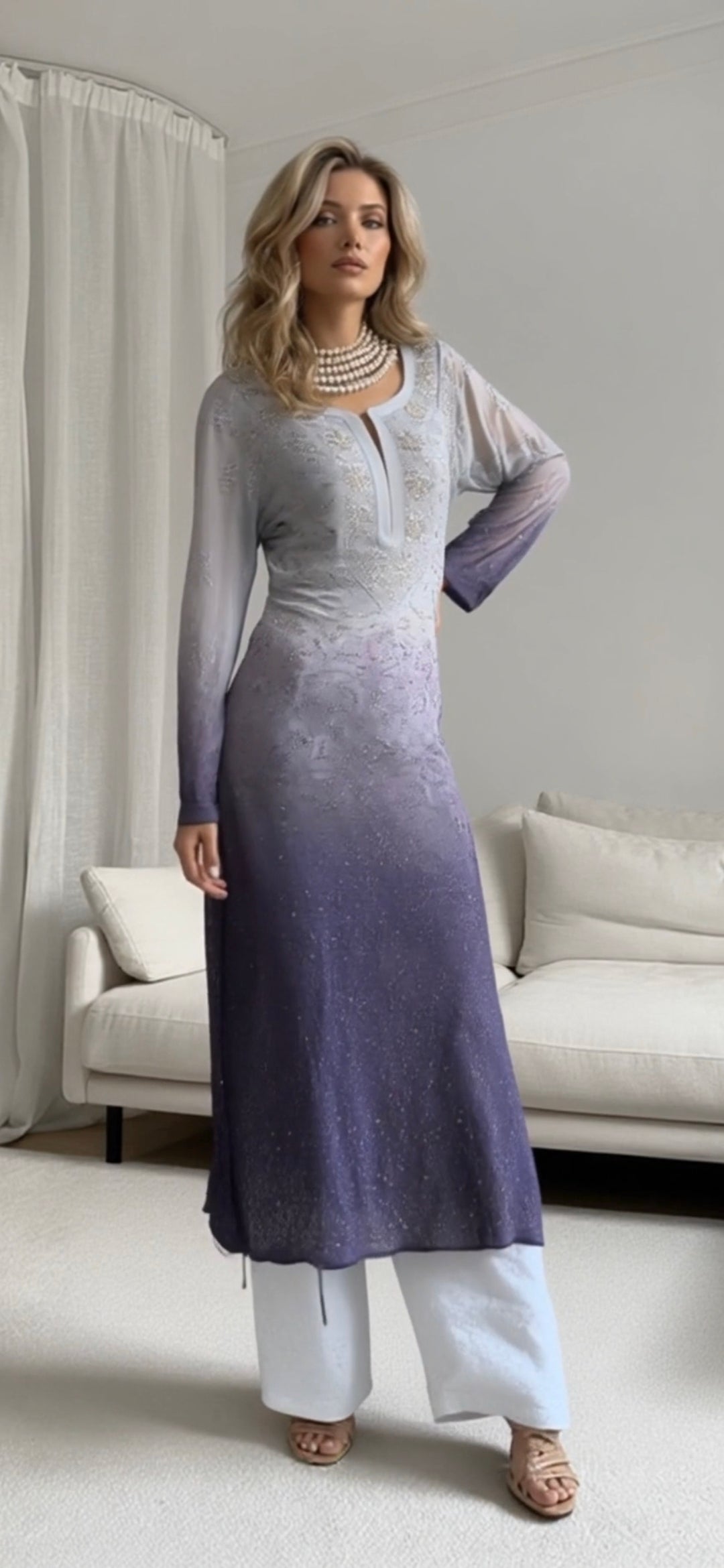 Georgette women's chikankari kurta — front view | Ruhaani Ombre Grey chikan mukaish kurta