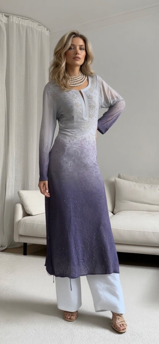 Georgette women's chikankari kurta — front view | Ruhaani Ombre Grey chikan mukaish kurta