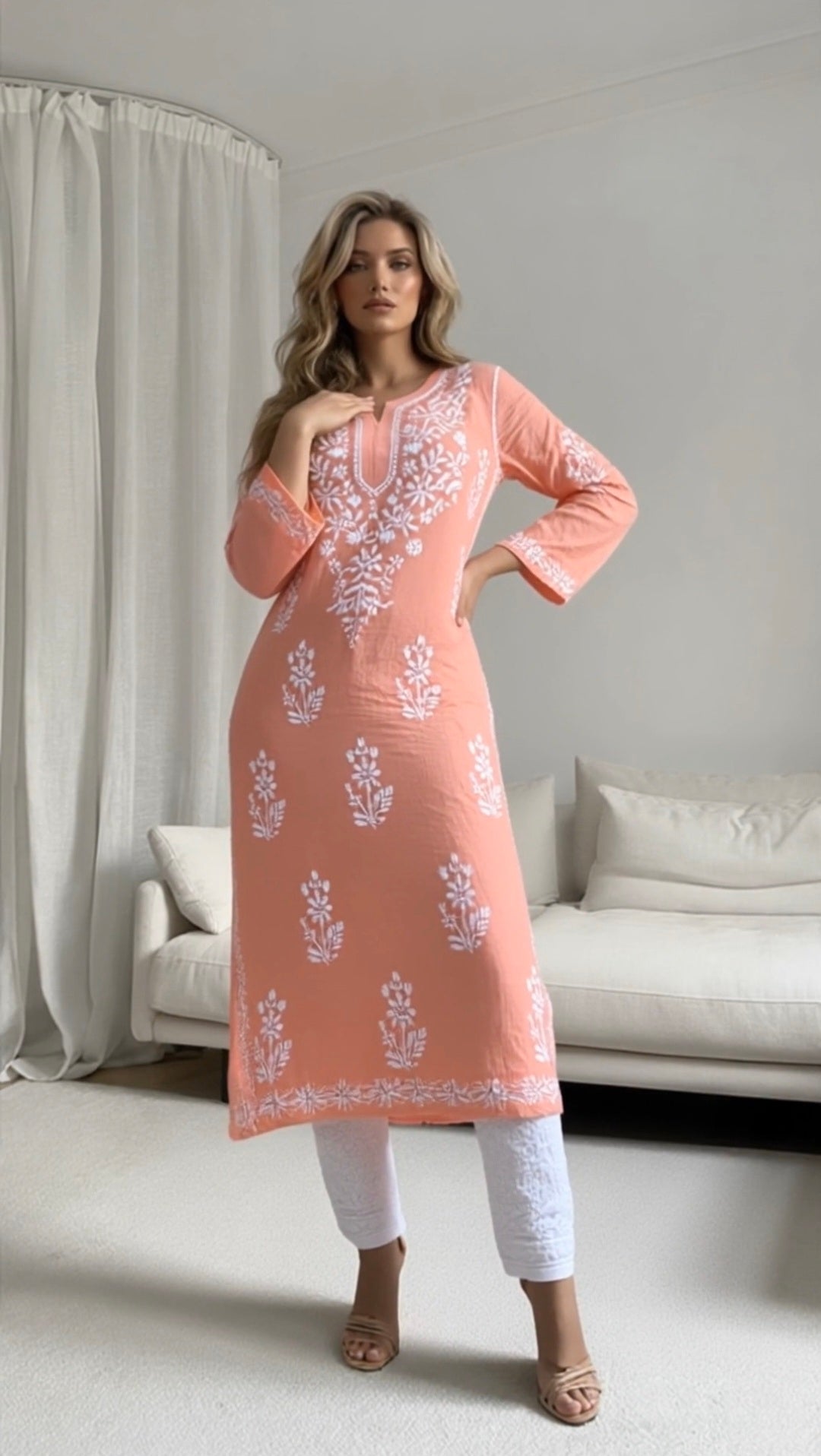 White cotton women's chikankari kurta — front view | Aayesha Cotton Lucknowi Chikankari Long Kurta for…