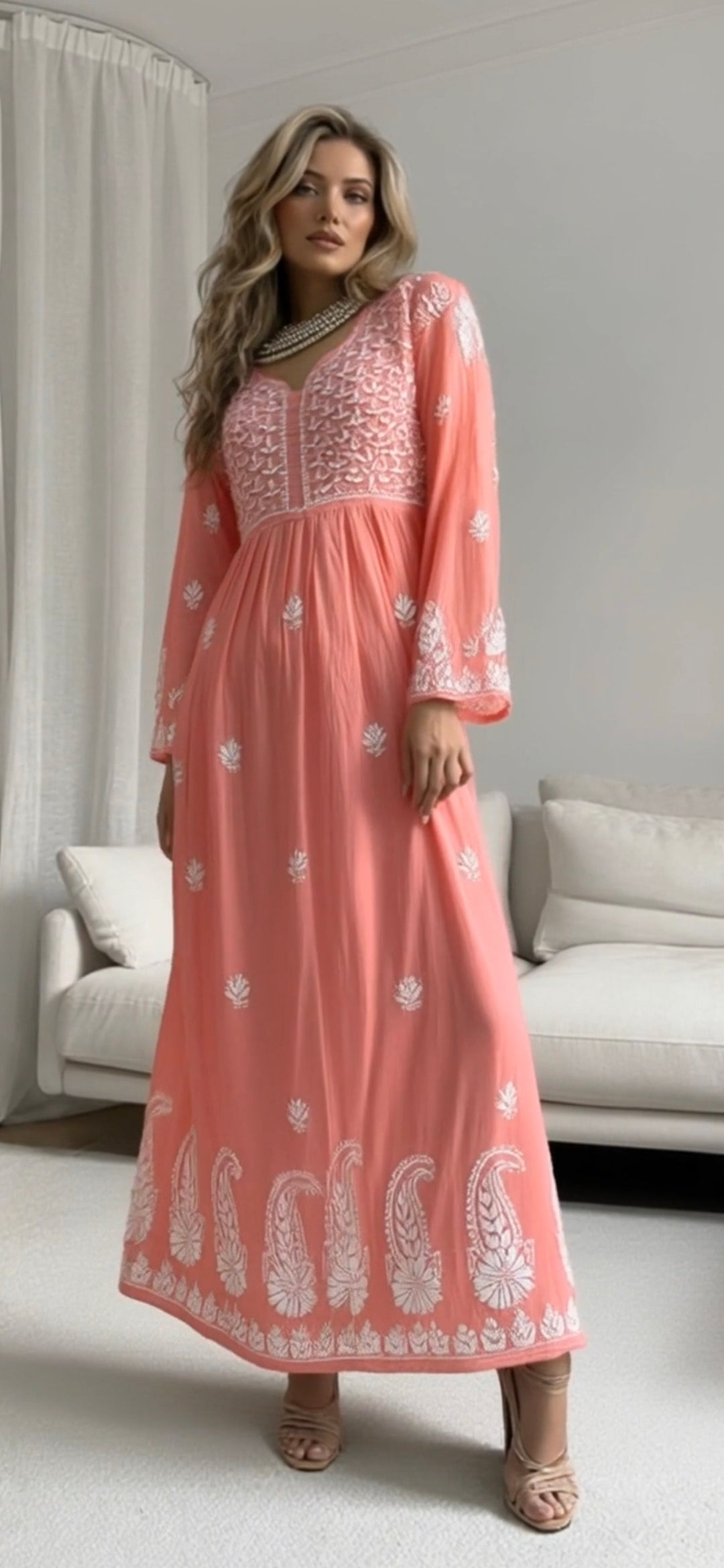 Mulmul cotton women's chikankari gown — front view | Mulmul Chikankari gowns