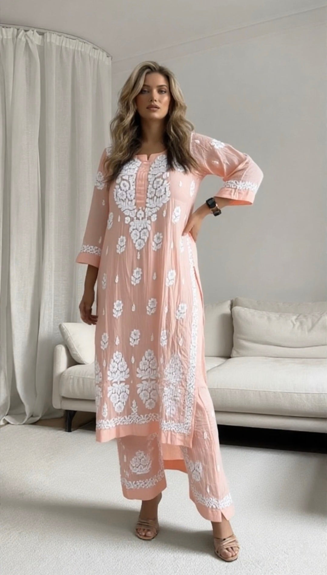 Mulmul cotton women's chikankari kurta — front view | Naaz Chikankari kurta set